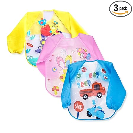 THE LITTLE LOOKERS Full Sleeves Washable Waterproof Bib/Apron with Tying Robe | Cute Prints | Quick Dry Baby Bibs for Newborns/Infants/Toddlers/Babies (0-12months) (Pack of 3)