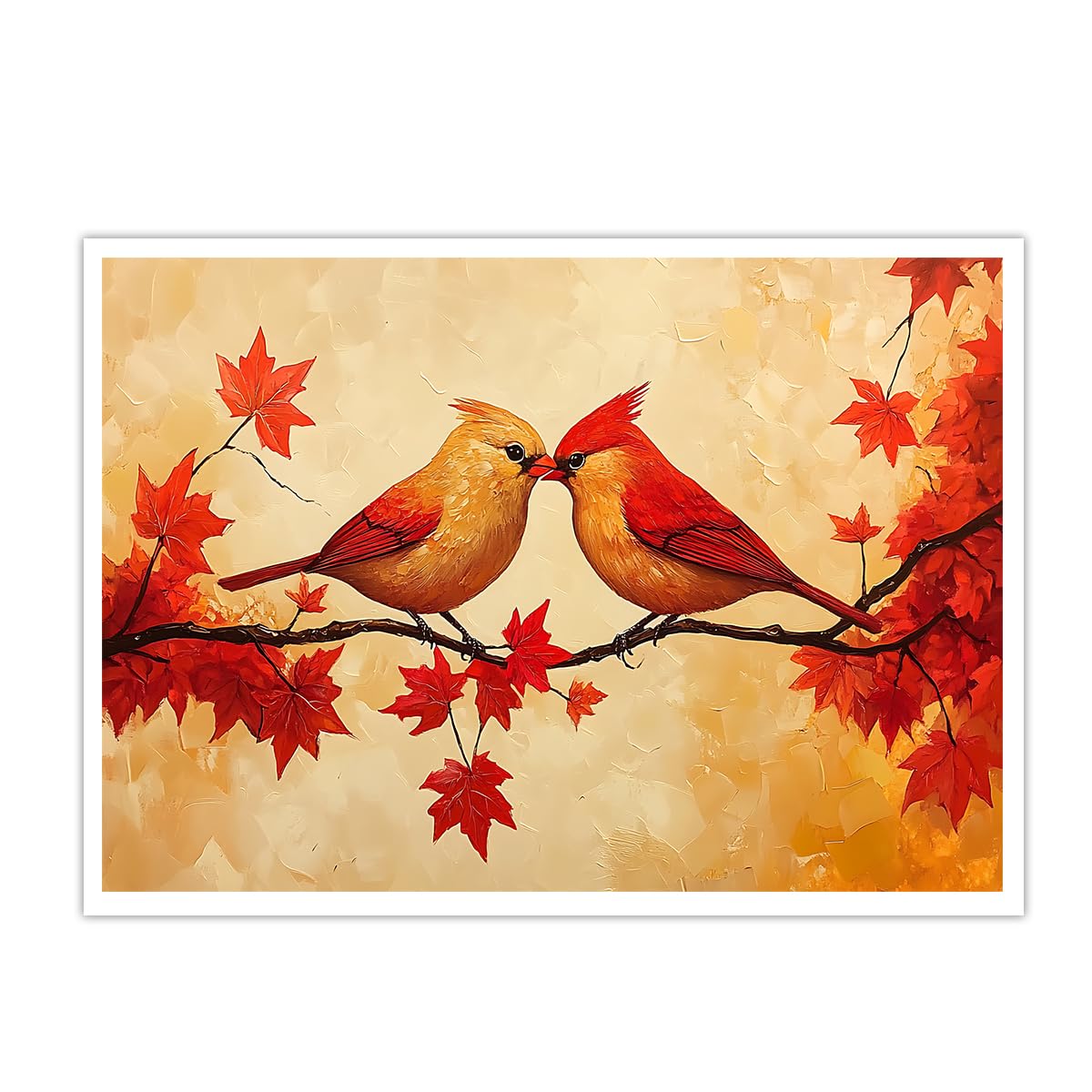 CHERHERART Autumn Birds Love Wall Art Red Maple Leaves Canvas Prints Pictures Fall Cute Bird Couple Poster Artwork for Bedroom Living Room 75x115cm Frameless