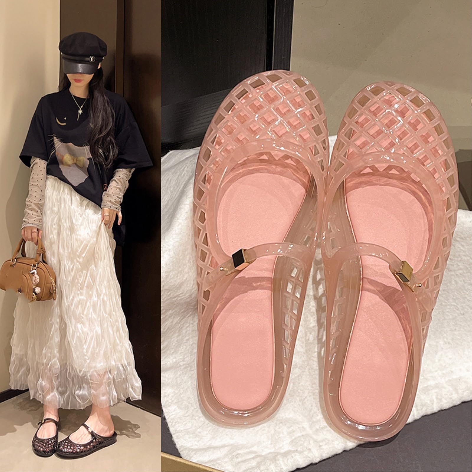 Jelly Buty Damskie Siatkowe Światło Kryształ Galaretki Mary Jane Płaskie Sandały Wydrążone Oddychające Zamknięte Palce Lato Casual Antypoślizgowe Buty-41-Czarne
