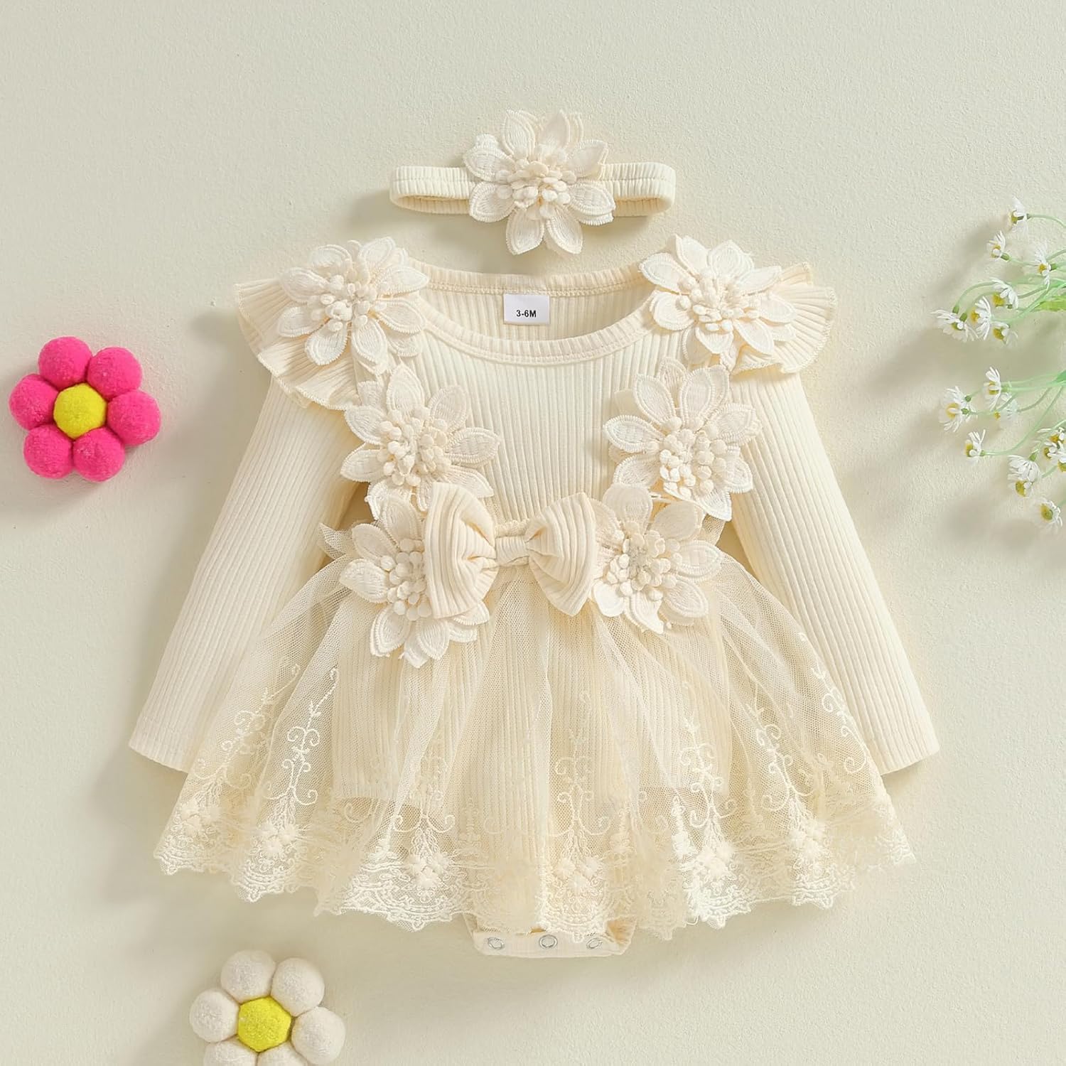 Baby Girl Dress Romper Flowers Embroidery Baby Lace Romper Infant Girl Fall Winter Clothes with Headband - Image 6