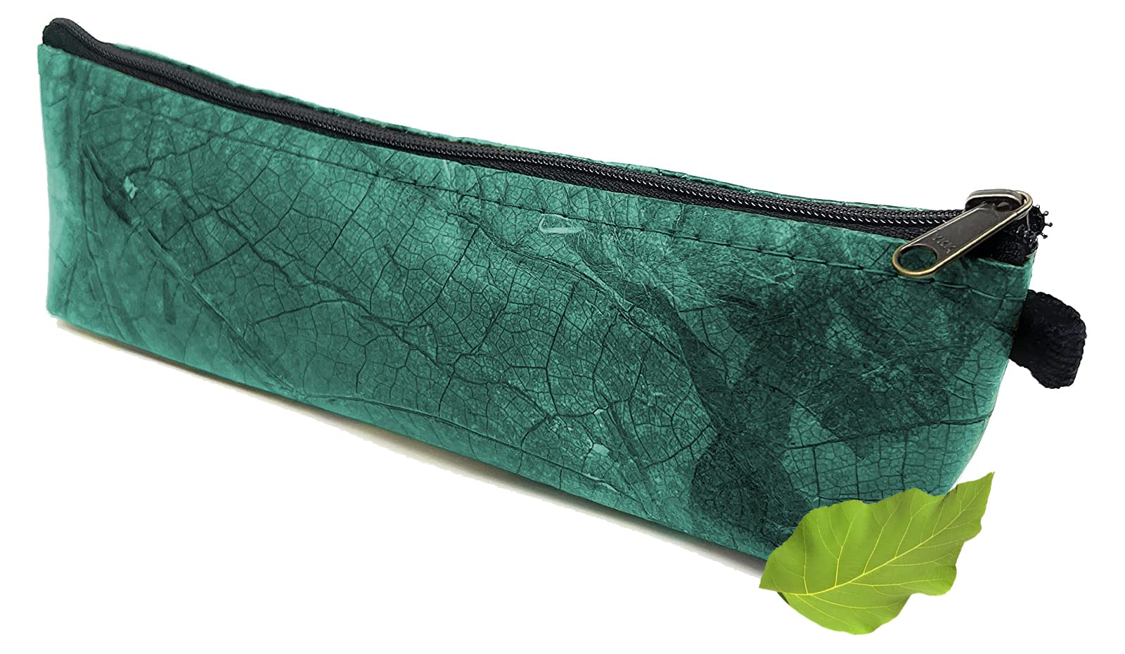 NELUHA Small Teak Leaf Pencil Case, Vegan Sustainable Leather Alternative - Turquoise, 3-Compartment Zipper Pencil Case