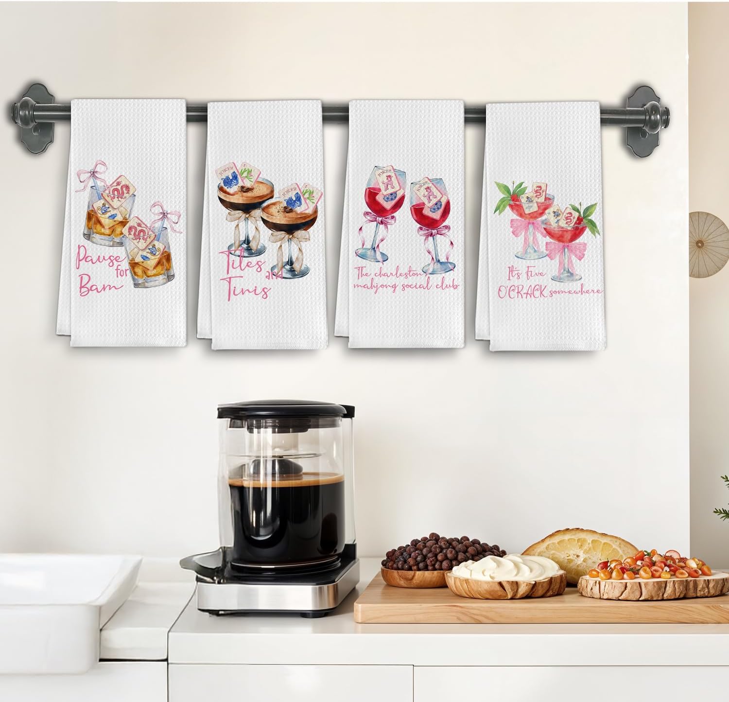 Chinoiserie Mah jongg Cocktail Gifts Kitchen Towels, Mahjong Cocktail Lovers Players Gifts Dish Tea Towels for Kitchen, Wine Lover Gifts Hand Towel for Bar Cart Decor, 16x24 Inch Set of 4 - Image 2