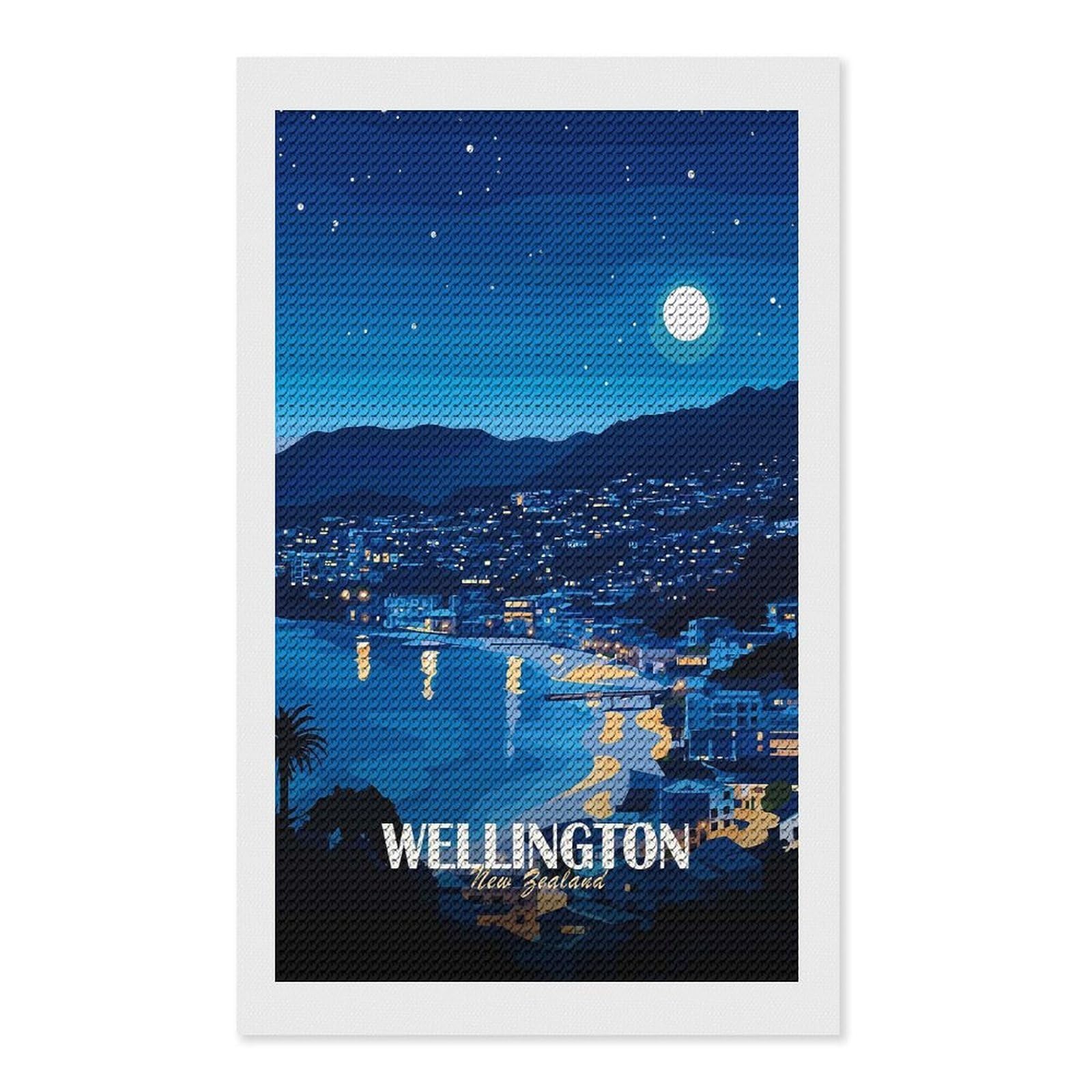 Junmoney Wellington New Zealand Night Cityscape Diamond Art Canvas 12"x20", Decorate Your Room, Mindful Craft Activity, Cosy Home Accent, Thoughtful Handmade Gift