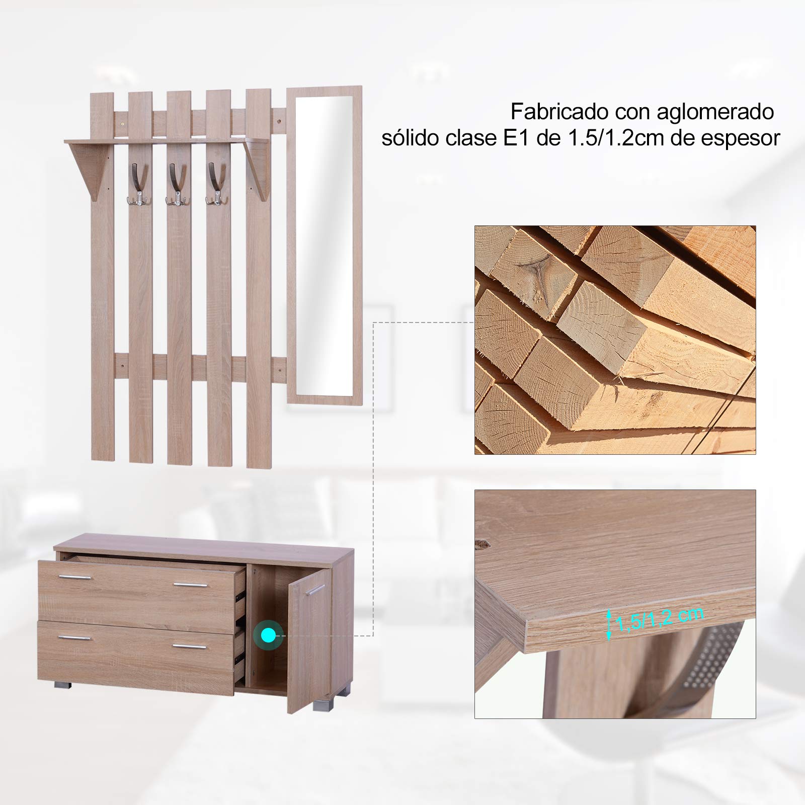 HOMCOM Conjunto de Recibidor de Entrada con Espejo Perchero y Zapatero Muebles de Entrada con 3 Ganchos Estante y 2 Cajones para Pasillo Roble