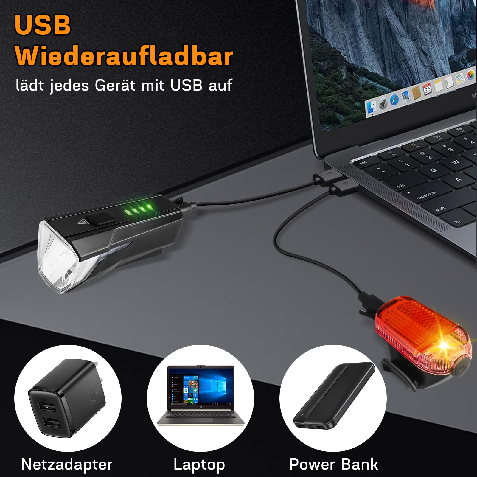 Gindoly Zestaw świateł rowerowych LED, 100 luksów, 2000 mAh, ładowane przez USB, wodoszczelne oświetlenie rowerowe IPX4, dopuszczone do ruchu drogowego (obowiązują przepisy lokalne), dla dzieci i