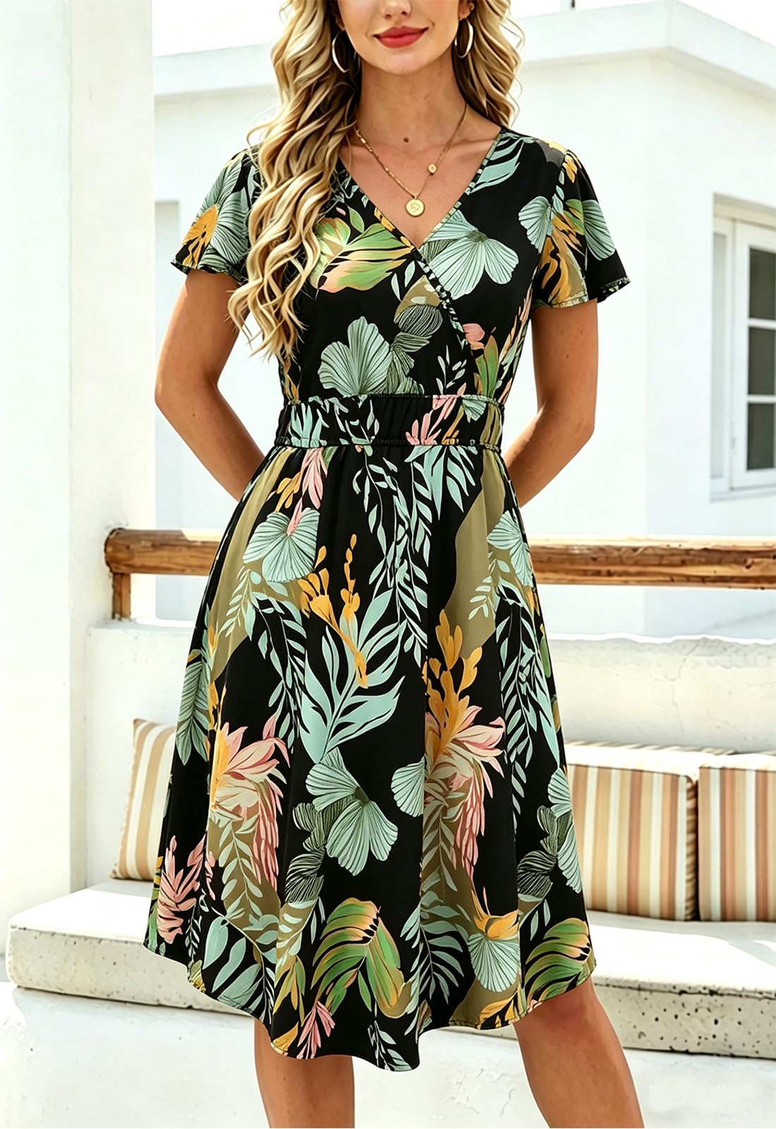 JayscreateEU Robe d'été pour femme - Robe portefeuille - Robe de fête élégante - Manches courtes - Col en V - Longueur genou - Mini robe de plage - Robe crayon festive - Robe moulante