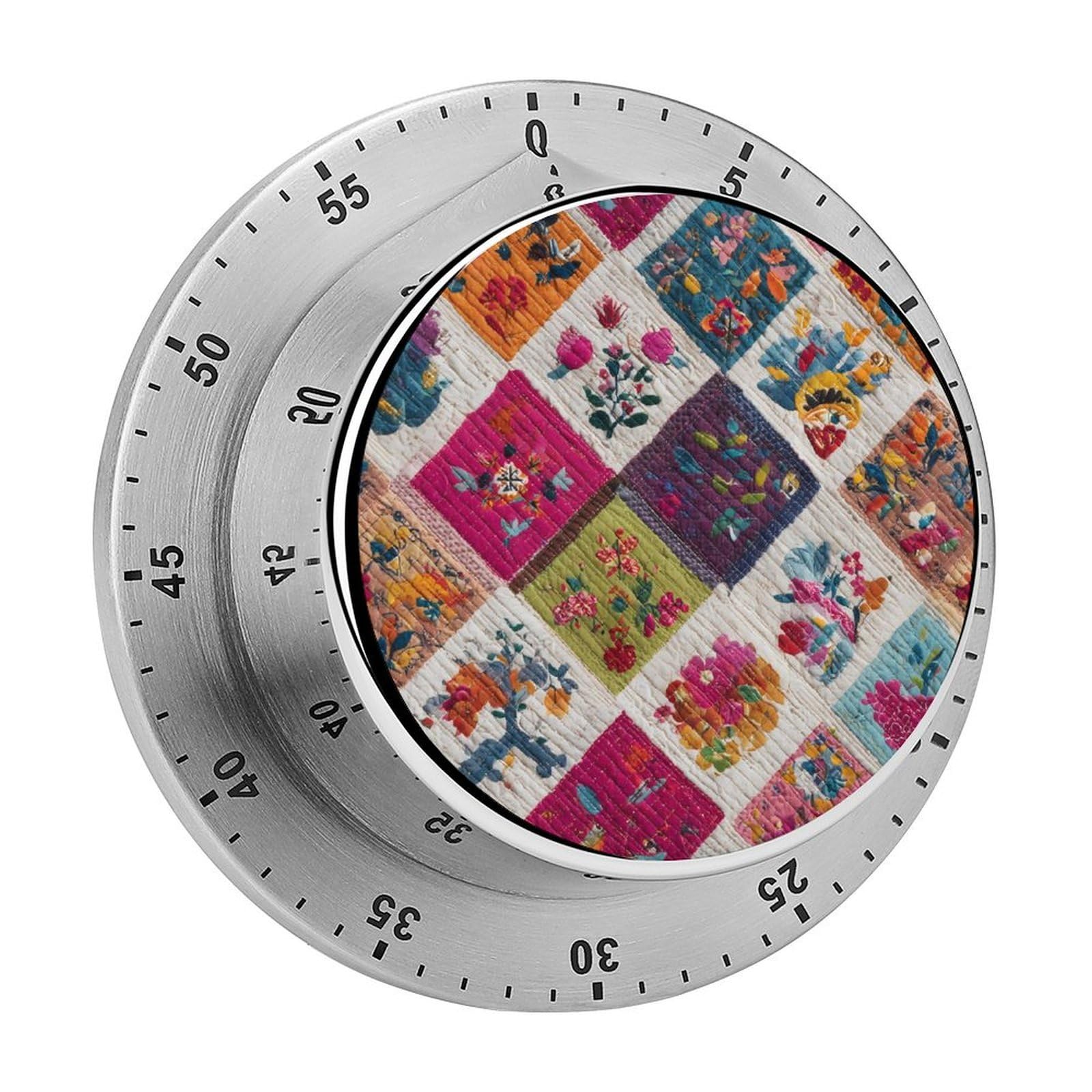 Floral Patchwork Plaid Check Mechanical Timer with Alarm for Kitchen Cooking Productivity Stainless Steel Timers