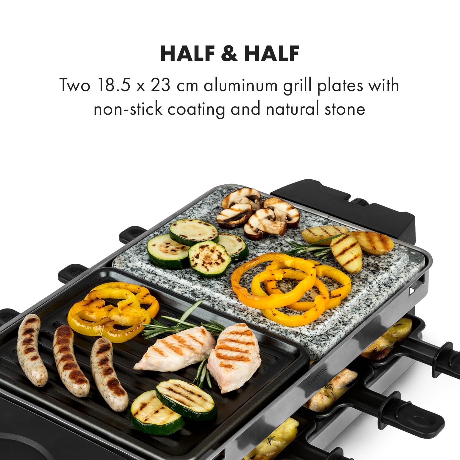 Klarstein Sirloin Grill para raclette, 1500 vatios, 2 en 1: placa de grill de aluminio y placa de piedra natural, Termostato regulable, para 8 personas, Sartenes de raclette de acero