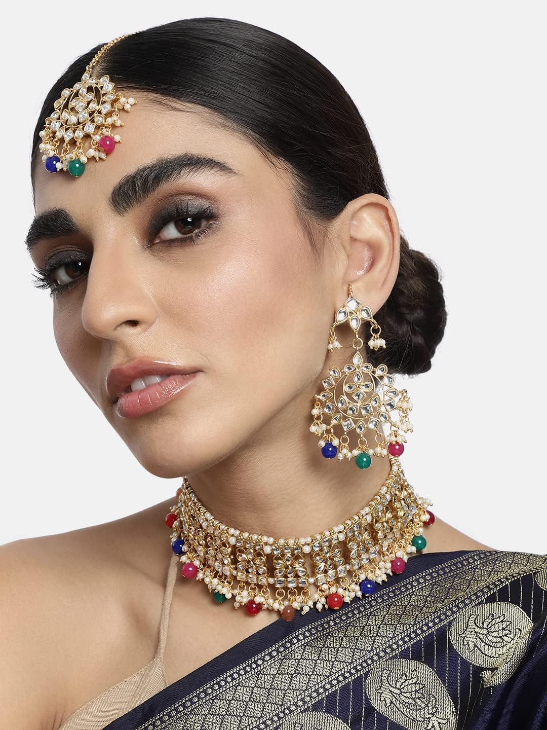 Aheli Elegant Indian Faux Kundan Studded Choker Necklace with Maang Tikka Set Ethnic Wedding Wear Bharatanatyam jewellery set Gift for Women - Image 2
