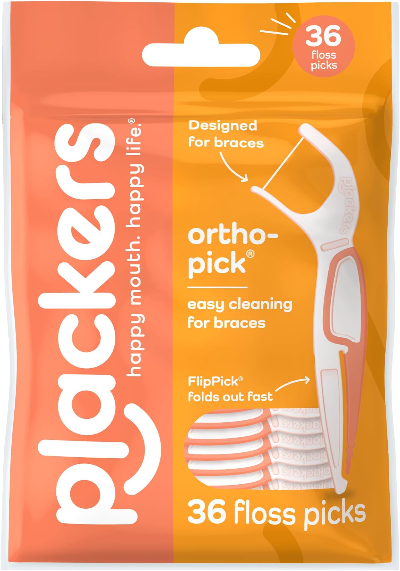 Plackers Orthopick Dental Floss Picks for Braces, 36 Count
