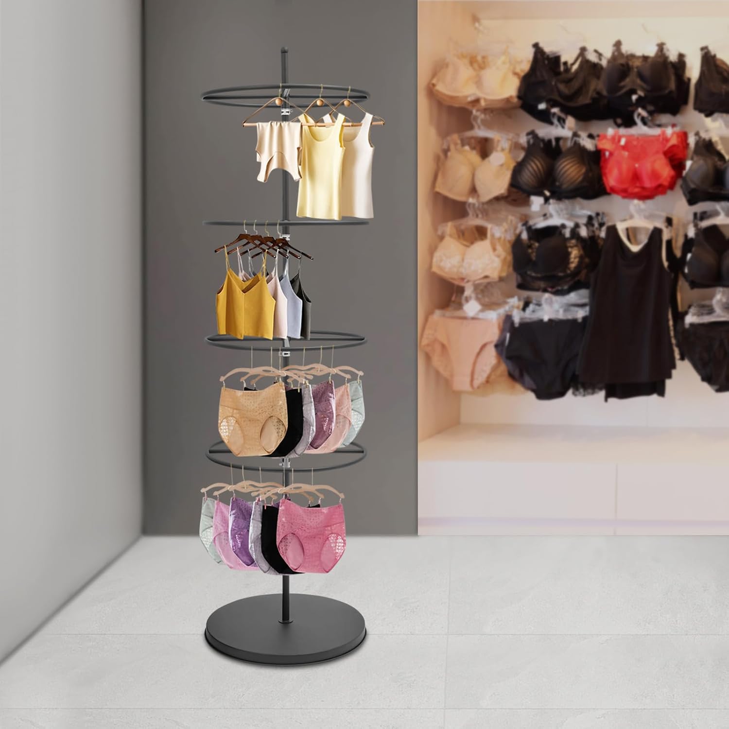 4-Tier Rotating Lingerie Display Rack, Black Metal Round Clothing Organizer, 360° Spinning Rack for Bras, Socks, Ties, Adjustable Height, Space-Saving Tower for Closet, Bedroom, Store, No-Tool Setup