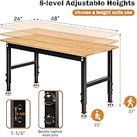 Vista 2 de Betterhood Banco de trabajo ajustable resistente de 48 pulgadas para garaje, mesa de taller de madera de caucho con almohadillas de goma, estación