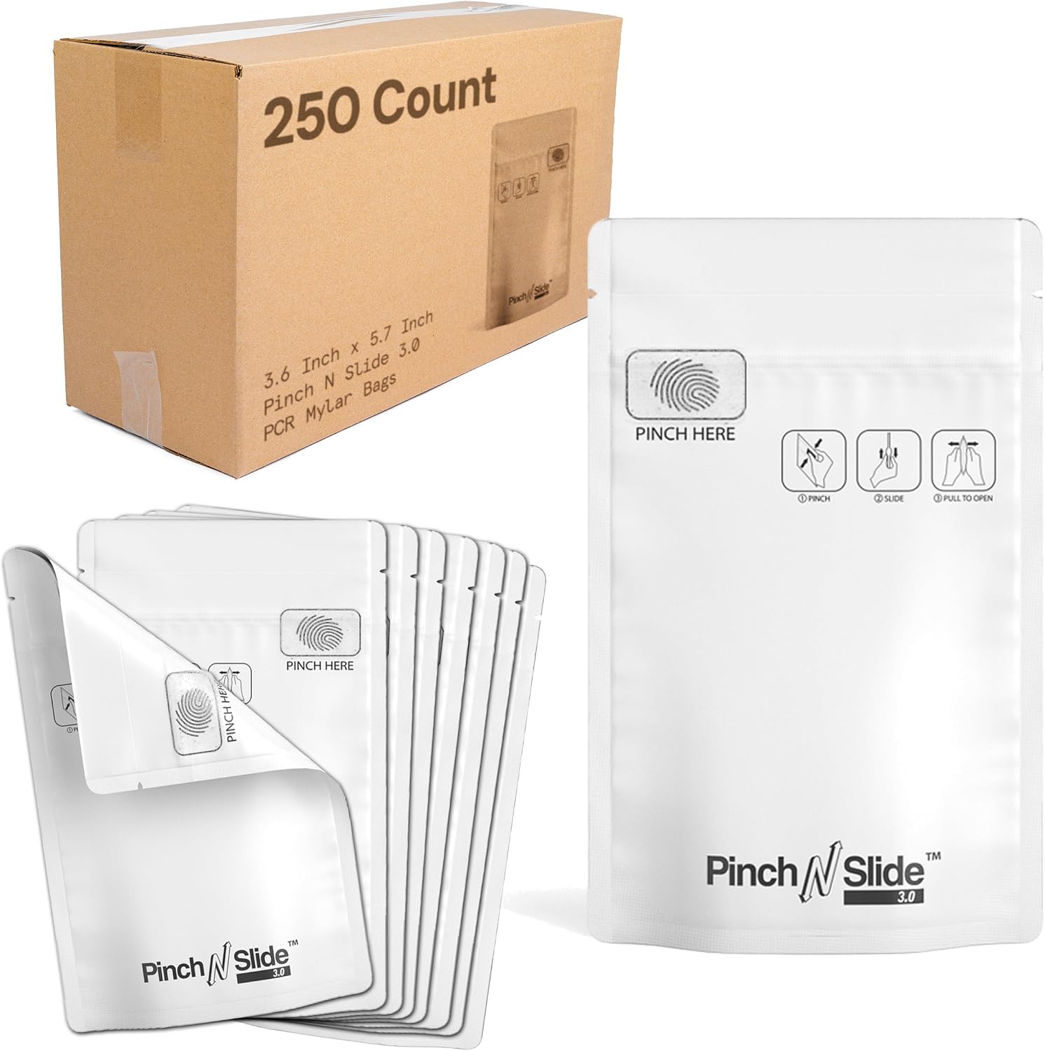 250 Pcs - 3.6 Inch x 5.7 Inch Pinch N Slide 3.0 PCR Smell Proof Mylar Bags – Child Resistant & Tamper Evident - 1/8th Ounce (3.5 Grams) (Matte White)