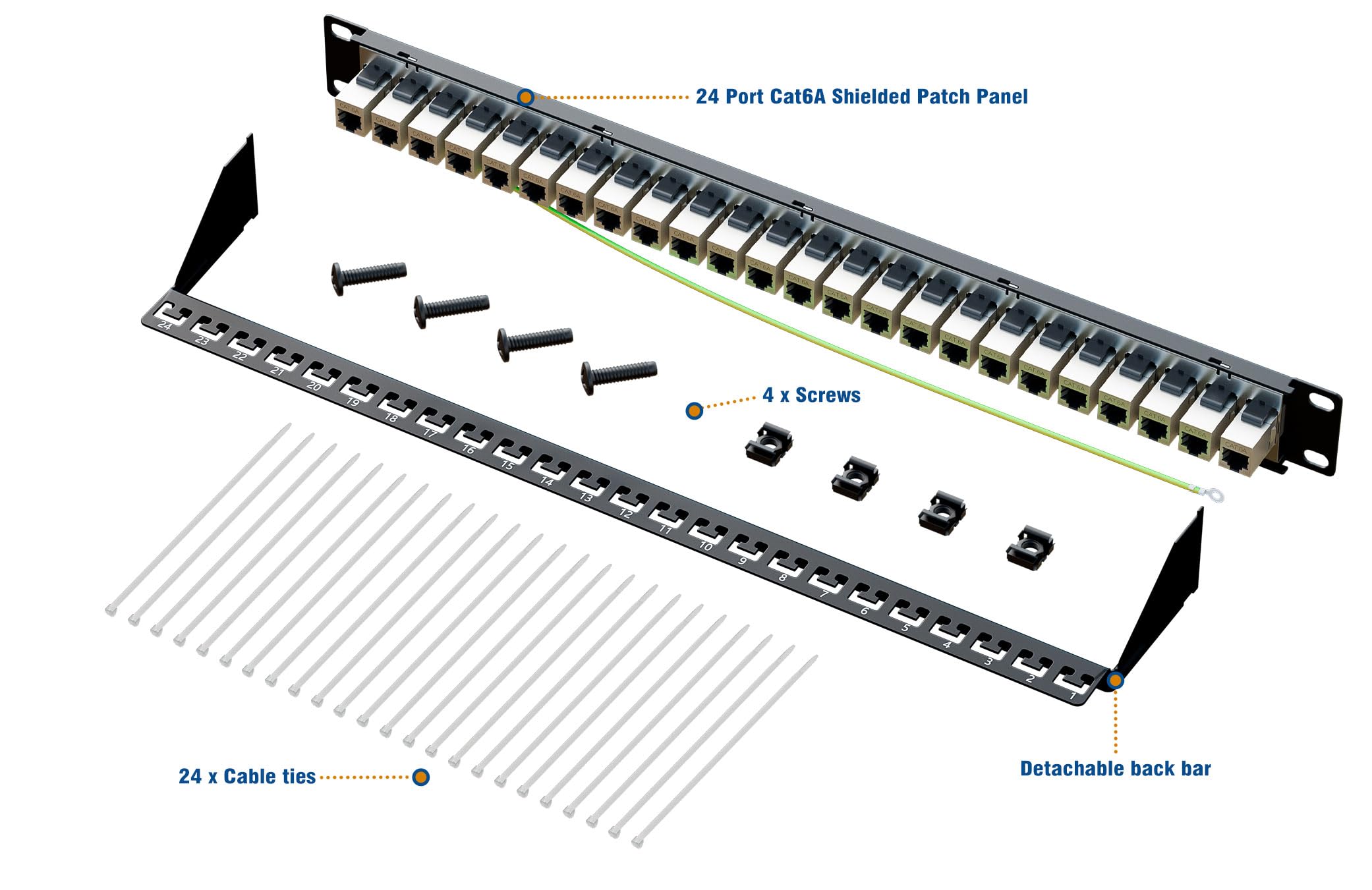 iwillink Patch Panel da 10 Gbps a 24 porte, RJ45 schermato tramite pannello patch Cat6A, pannelli patch 1U STP da 19 pollici con trapezoidale in linea e barra posteriore rimovibile
