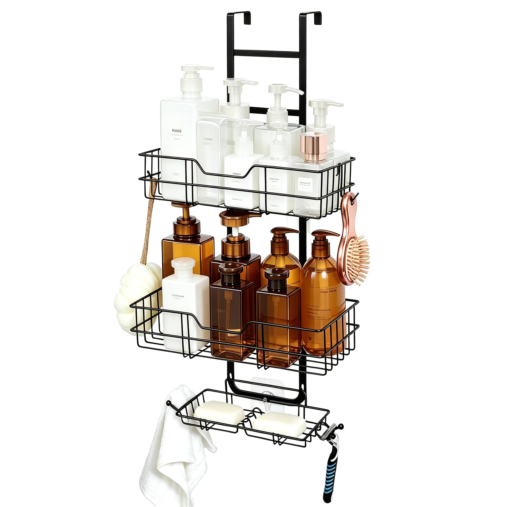 KANEODOT Shower Caddy Hanging, Over The Door Rustproof Shower Storage with Hooks, 3 Tier No Drilling Shower Shelf with Soap Holder for Bathroom & Kitchen,Black