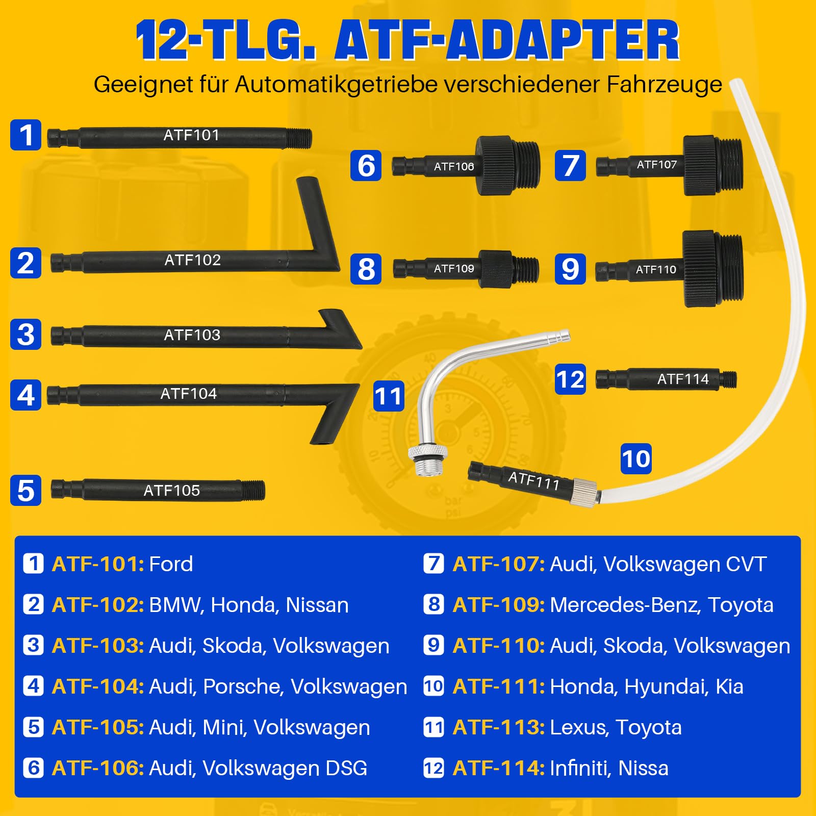 DASBET 3L Getriebeöl-Füllpumpe Set, manuelle Getriebeöl-Transferpumpe | mit Manometer und 12 ATF-Adaptern, Automatikgetriebe-Ölspender Werkzeug für Fahrzeugwartung