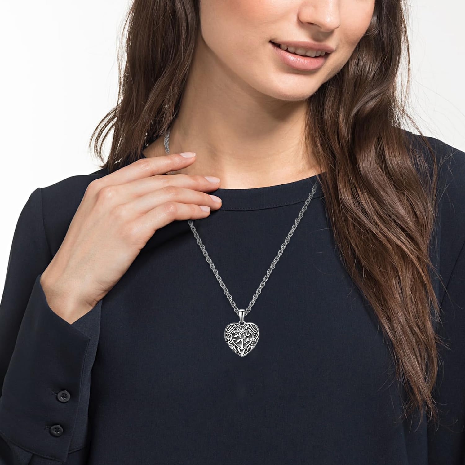 KINGWHYTE Medaillon zum öffnen für Bilder Kette 925 Sterling Silber Baum des Lebens Foto Medaillon Halskette Lebensbaum Herzform Anhänger Halskette Schmuck Amulett Familie für Damen Männer