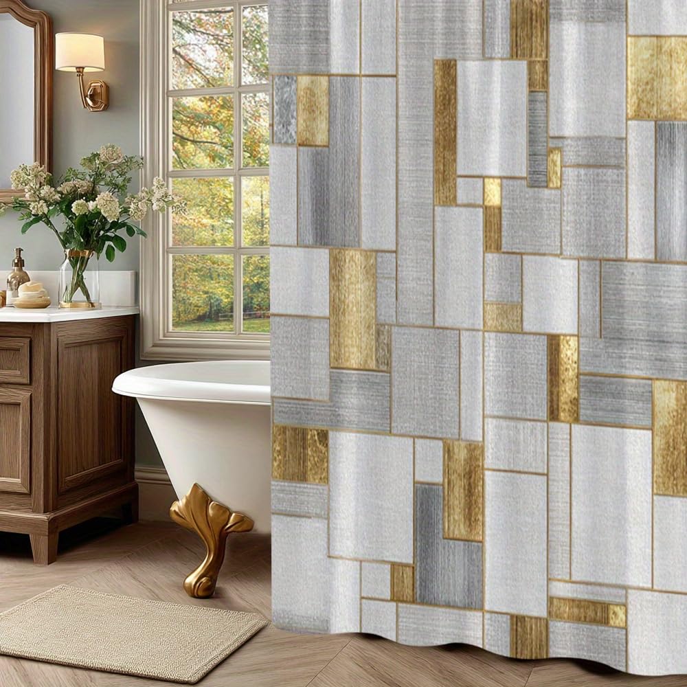 Rideau de douche étanche anti-éclaboussures 160x190 motif carrés gris dorés