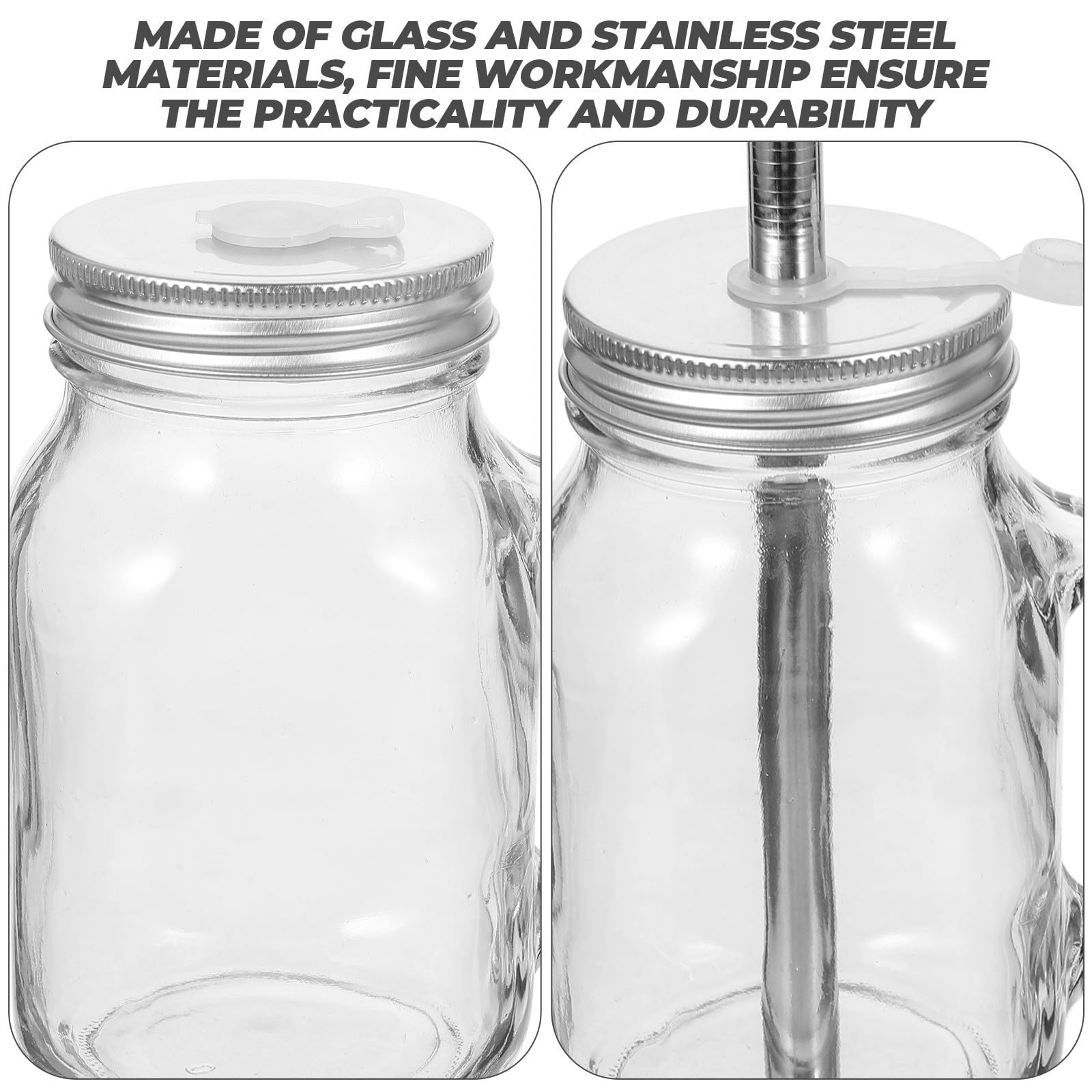 Wiederverwendbare Glasflasche 650ml 2 Stück aus Edelstahl für Getränke | Saft, Milch, Joghurt und Mehr, Flacher Boden, Trinkbecher mit Strohhalm, Transparentes Design