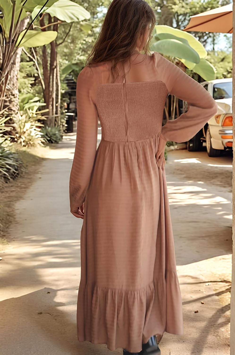 2025 Spring Summer Womens Square Neck Maxi Dress Smoked Long Sleeve Ruffle Hem Flowy Long Maxi Dress - Image 5