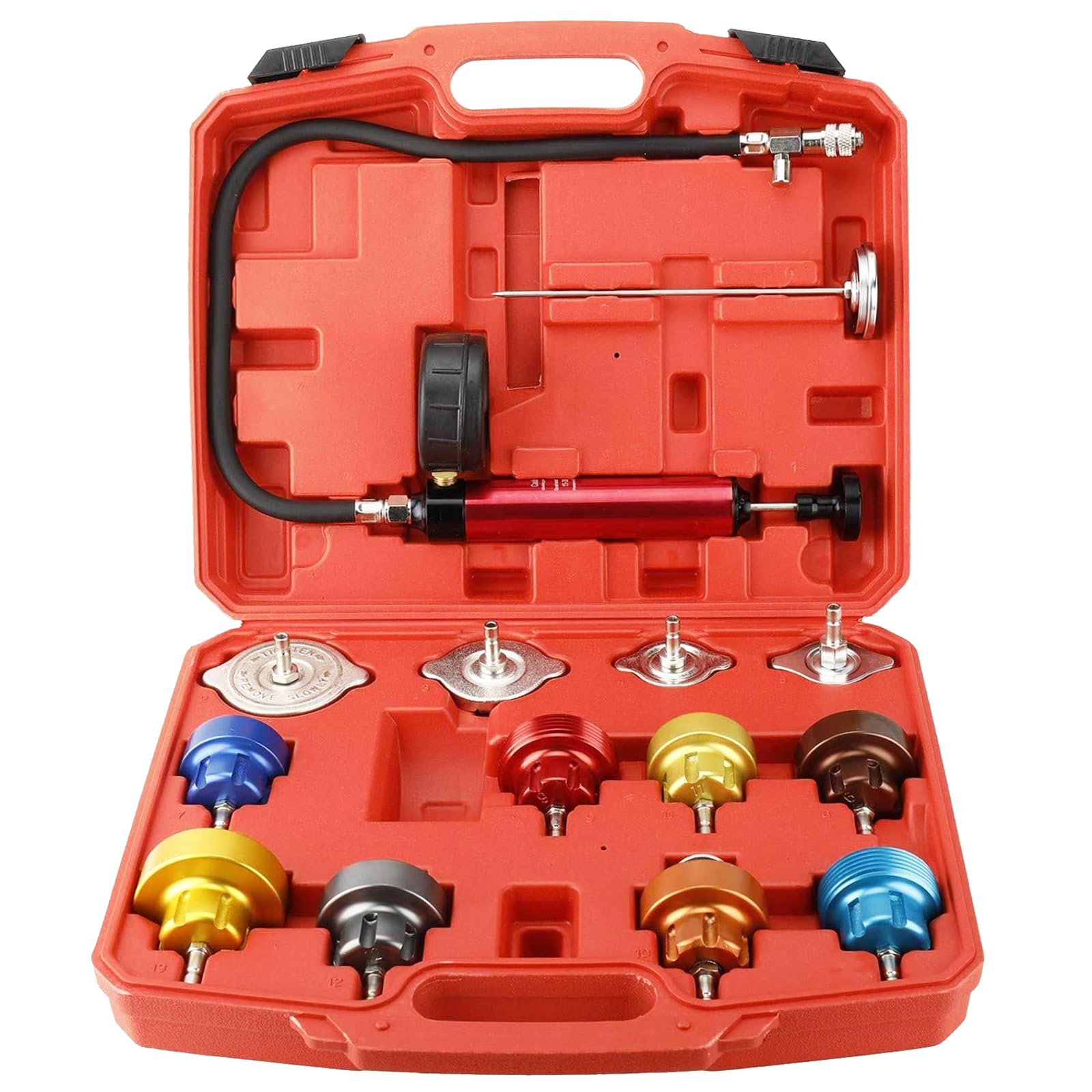 FreeTec 14 pzas Probador Presion Radiador, Universal Probador Presion Circuito Refrigeración, Kit Comprobador de Fugas Liquido Refrigerante, Herramientas Radiador Coche con Bomba Adaptador