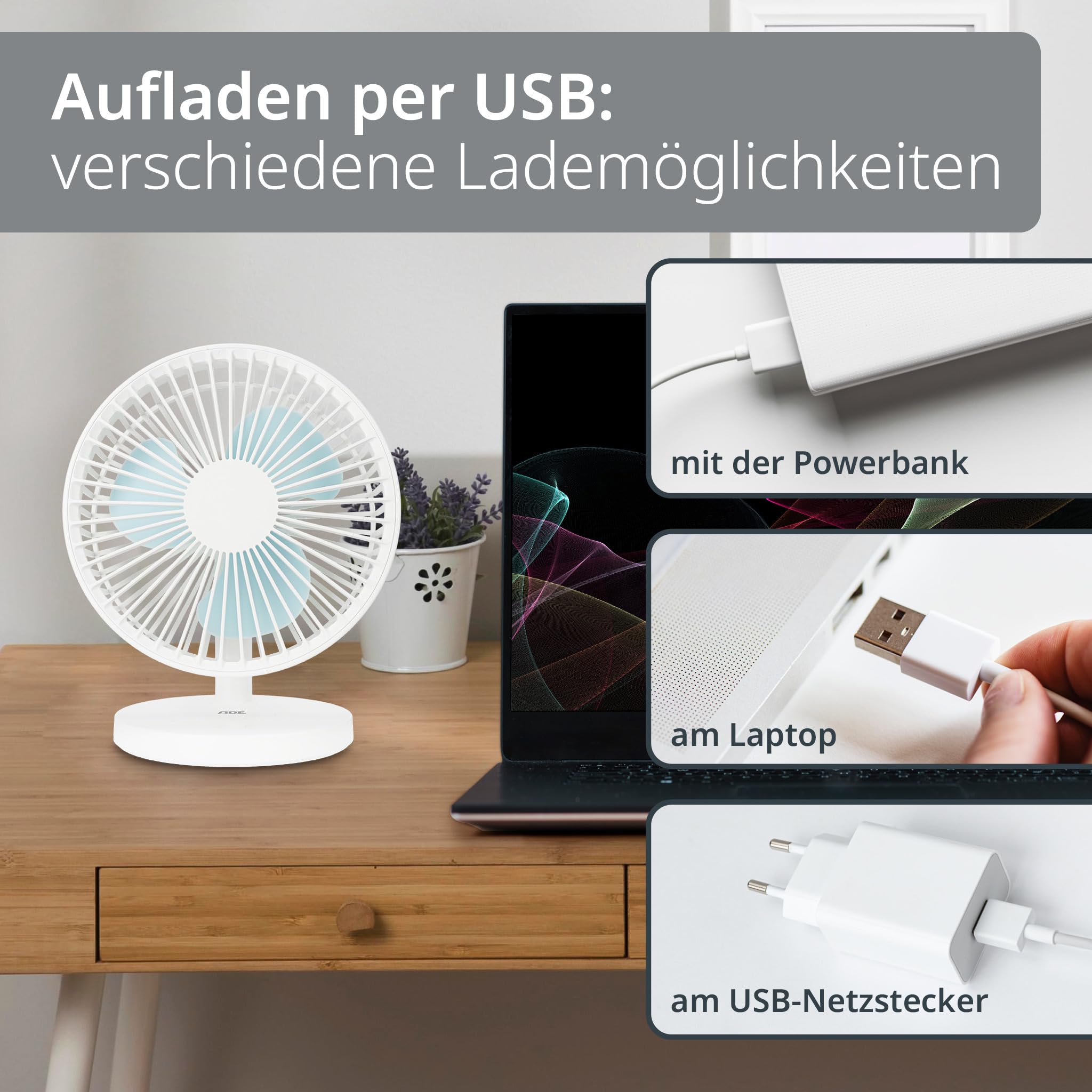 ADE Tischventilator USB 3 Stufen Akku 7,5 h 2000 mAh 90° Neigung weiß