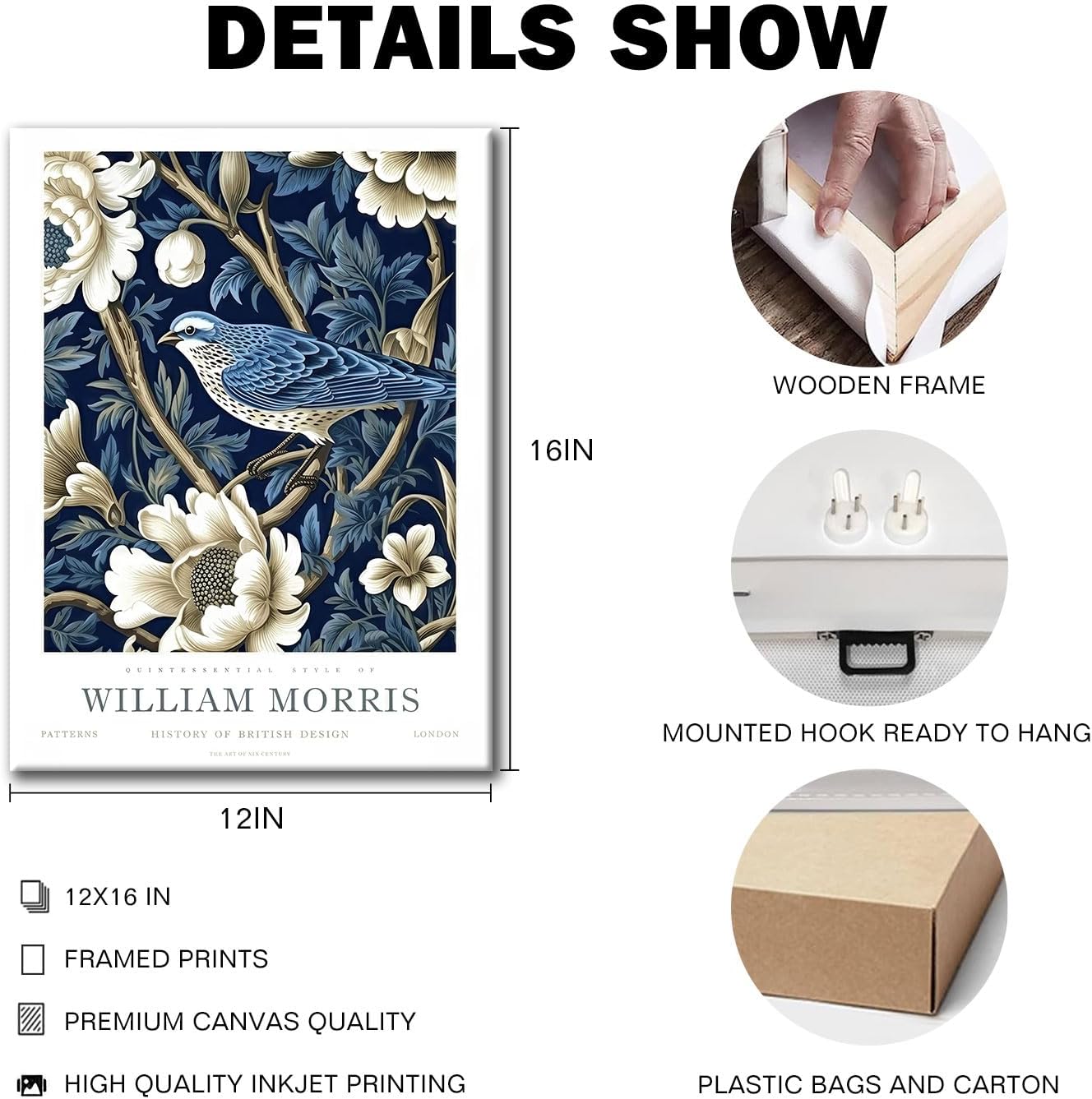 3 Pcs William Morris Canvas Wall Art Vintage Bluebird and Flowers Style Poster Print Home Decor Paintings for Bedroom Living Room Office Bathroom 12x16 Inch Ready to Hang