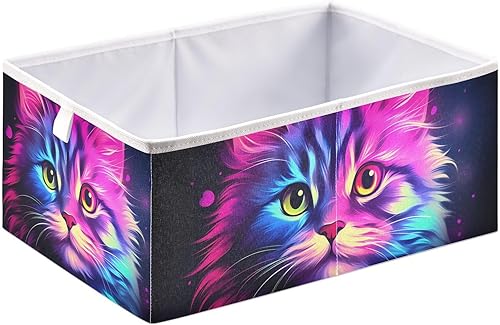 Miniatura 2 de Vnurnrn Cubo de almacenamiento plegable con impresión de gato morado brillante, cestas organizadoras con tablero de soporte para armario de estante