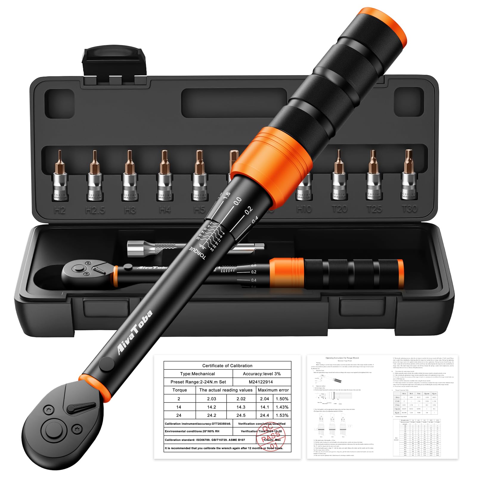 AivaToba Klein Drehmomentschlüssel Fahrrad 1/4", 2026 Upgrade 13TLG Drehmomentschlüssel, 2-24 Nm Torque Wrench Set mit 72 Zähne Ratsche, ±3% Fehlergenauigkeit, Verlängerungsstangen, 3/8" Adapter