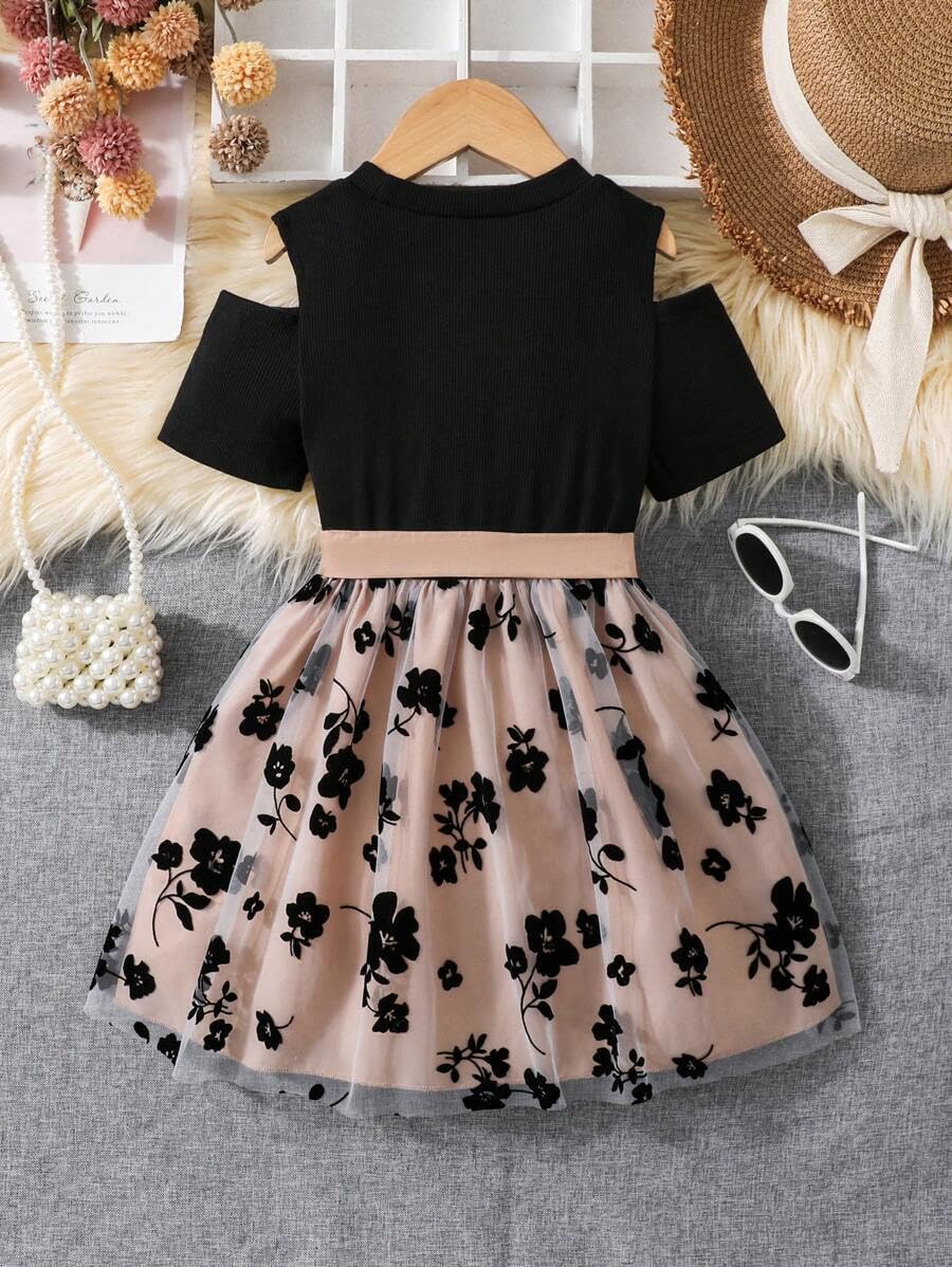 PAMBERSTON Girl's Embroidered Floral Pattern Net Blend Dress with Round Neck Half Sleeve Knee Length and A-Line Style Black 1
