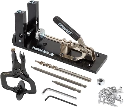 Trend Pocket Hole Jig Kit with Dual Column Jig, Face Clamp, HSS Drill Bit & Depth Setting Collar, 2 Square Bit Drives & 100 Pocket Hole Screws, PH/JIG