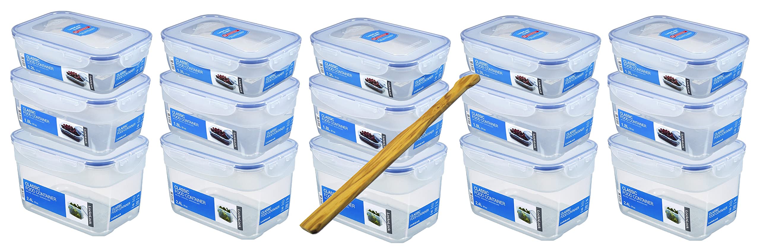 Lock&Lock zestaw pojemników na żywność, równa pokrywka, 15-częściowy (5 x 1,2 l, 5 x 1,8 l, 5 x 2,4 l), możliwość układania w stos, pusty pojemnik i wielofunkcyjna szpachelka do drewna oliwkowego SeleXions