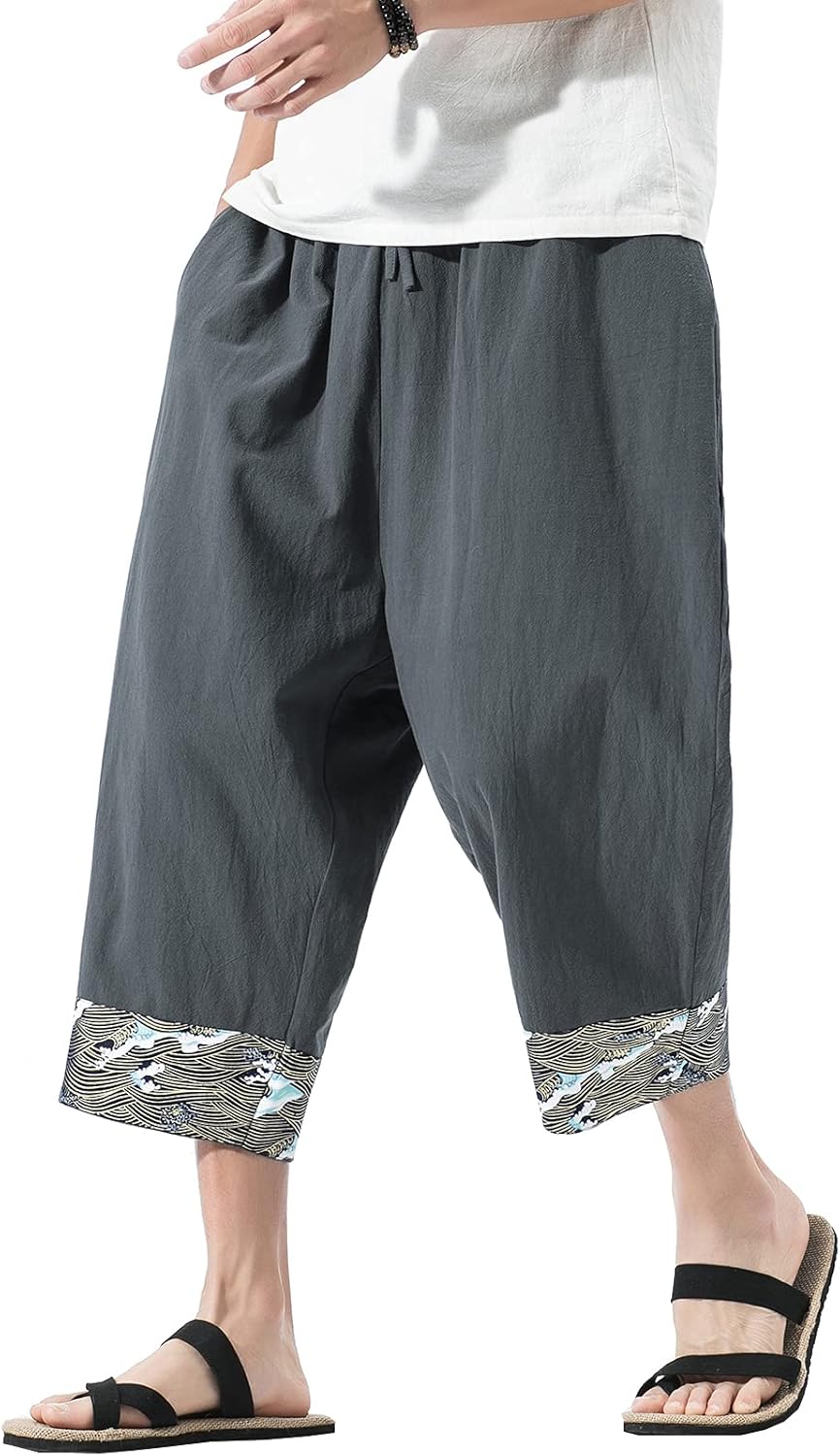 DOSLAVIDA Men's Linen Harem Capri Pants Loose Fit Yoga Beach Shorts Elastic Waist Wide Leg Baggy Cropped Trousers