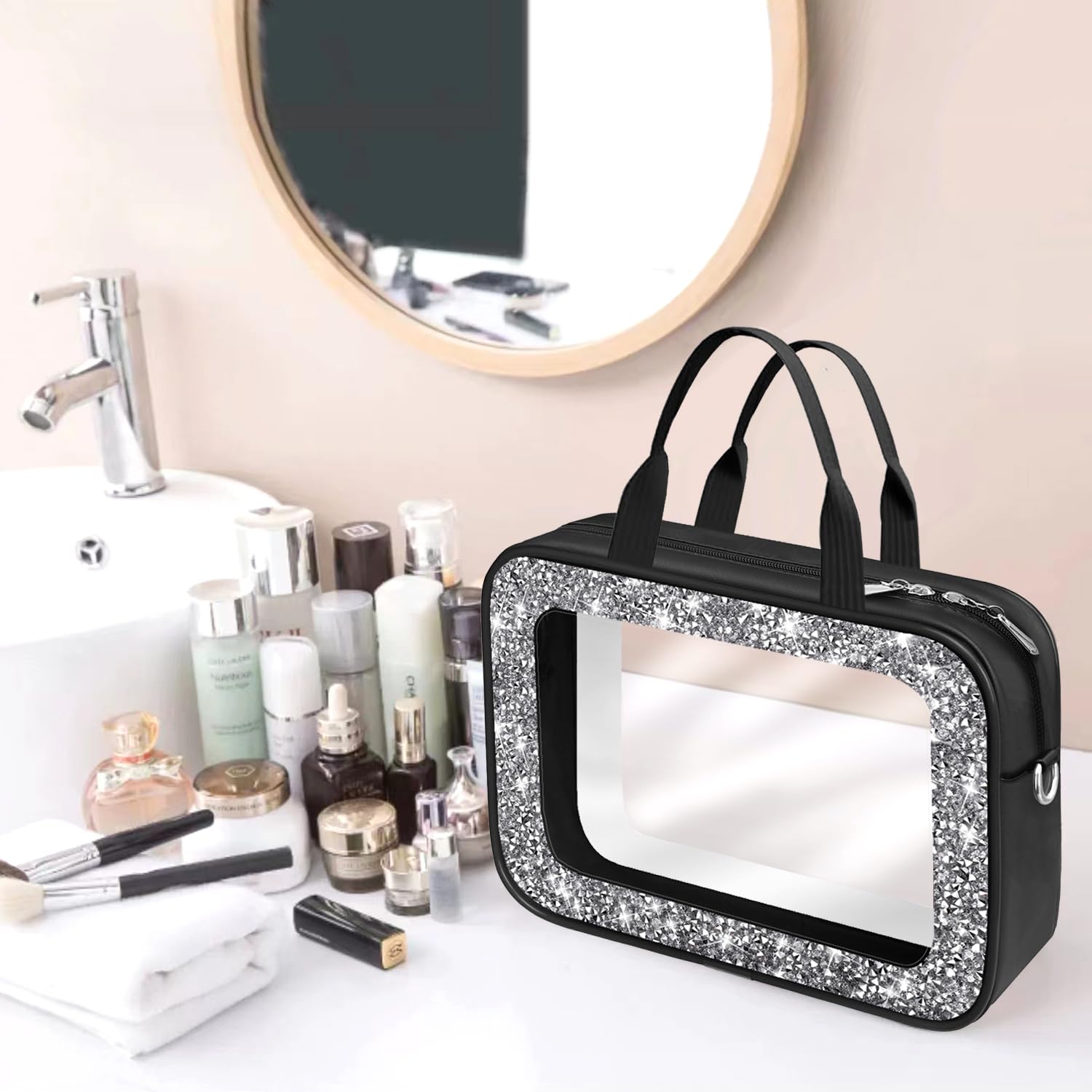 Meetart Trousse de toilette de voyage en cuir avec strass écrasés, Noir diamant, Tendance