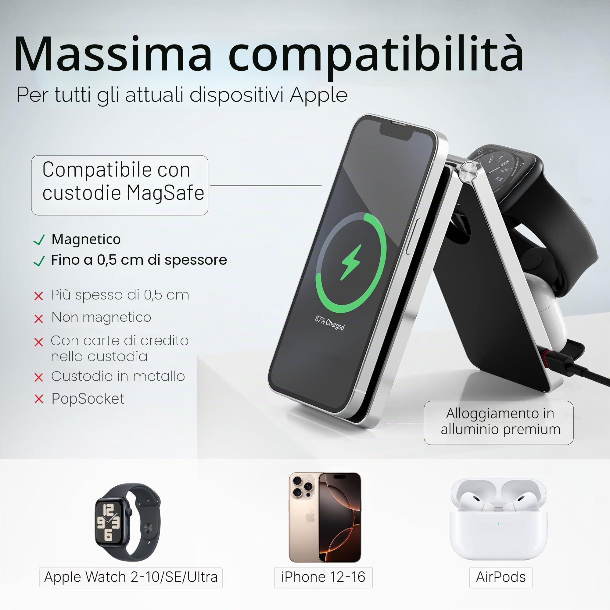 3 in 1 Caricatore MagSafe in Alluminio di Qualità – Stazione di Ricarica Apple per iPhone, Apple Watch e AirPods – Base Ricarica Pieghevole con adattatore da 20W incluso