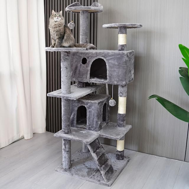 FoxHunter 54" Multi-Level Cat Tree Tall Climbing Tower Condo Furniture Scratch Post for Kittens Pet Indoor House Play CAT001 Light Grey