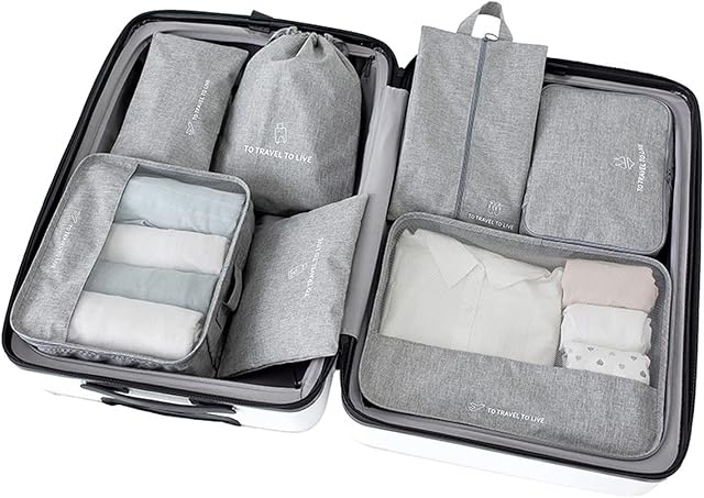 7PCS Set Packing Cubes For Suitcase,Travel Luggage Organiser Grey Packing Cubes Travel Essentials Bag Clothes Shoes Multifunction Suitcase Organiser Bags Waterproof Compression Suitcase BagGrey)