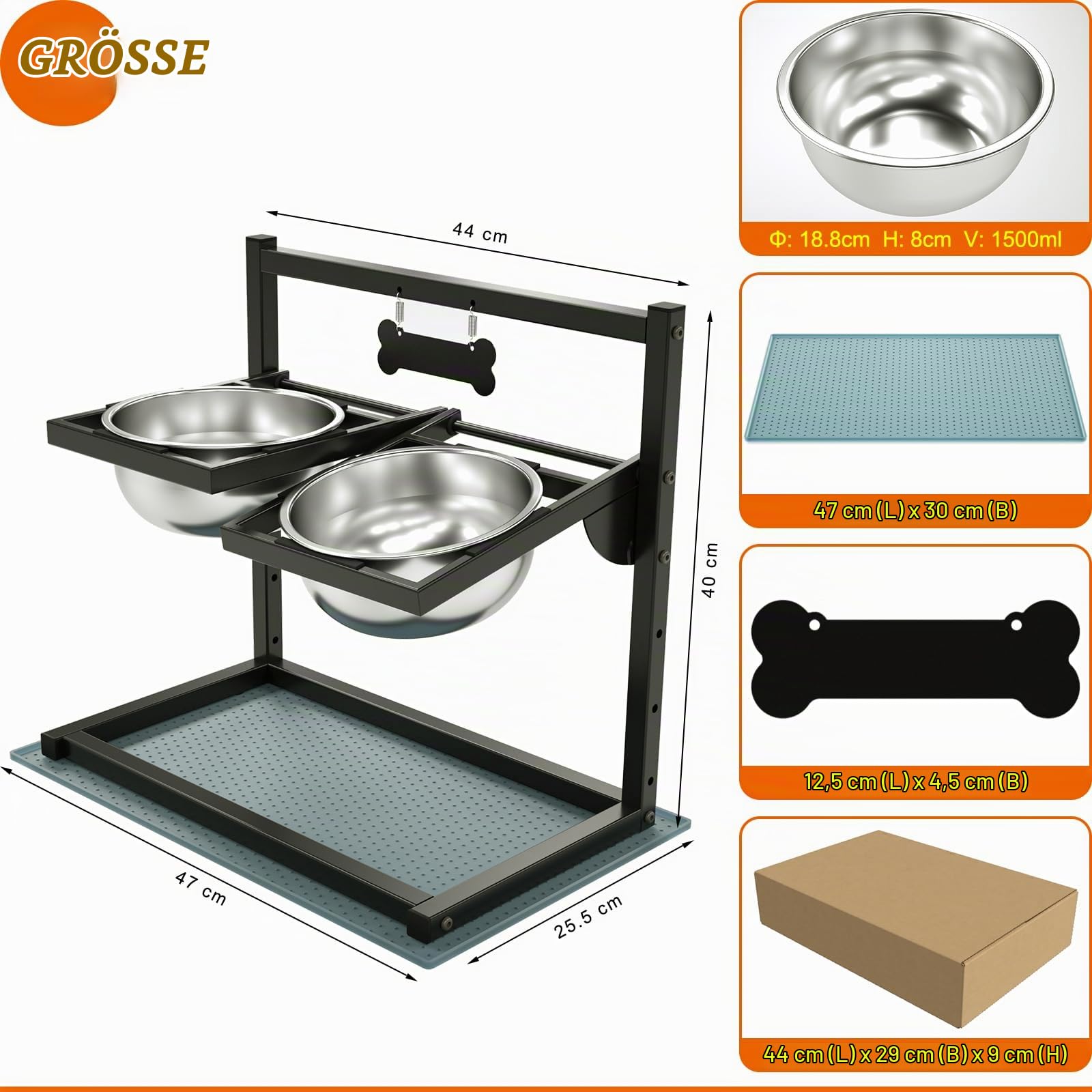 Erhöhte Hundenäpfe mit 4 Höhenverstellbaren und 10° Neigung, Erhöhter Hundenapfständer, Perfekte Stabile Ständer für Hundenapf, 2 Edelstahl-Hundefutternäpfen (1,5 L x 2) und Auslaufsicherer Matte