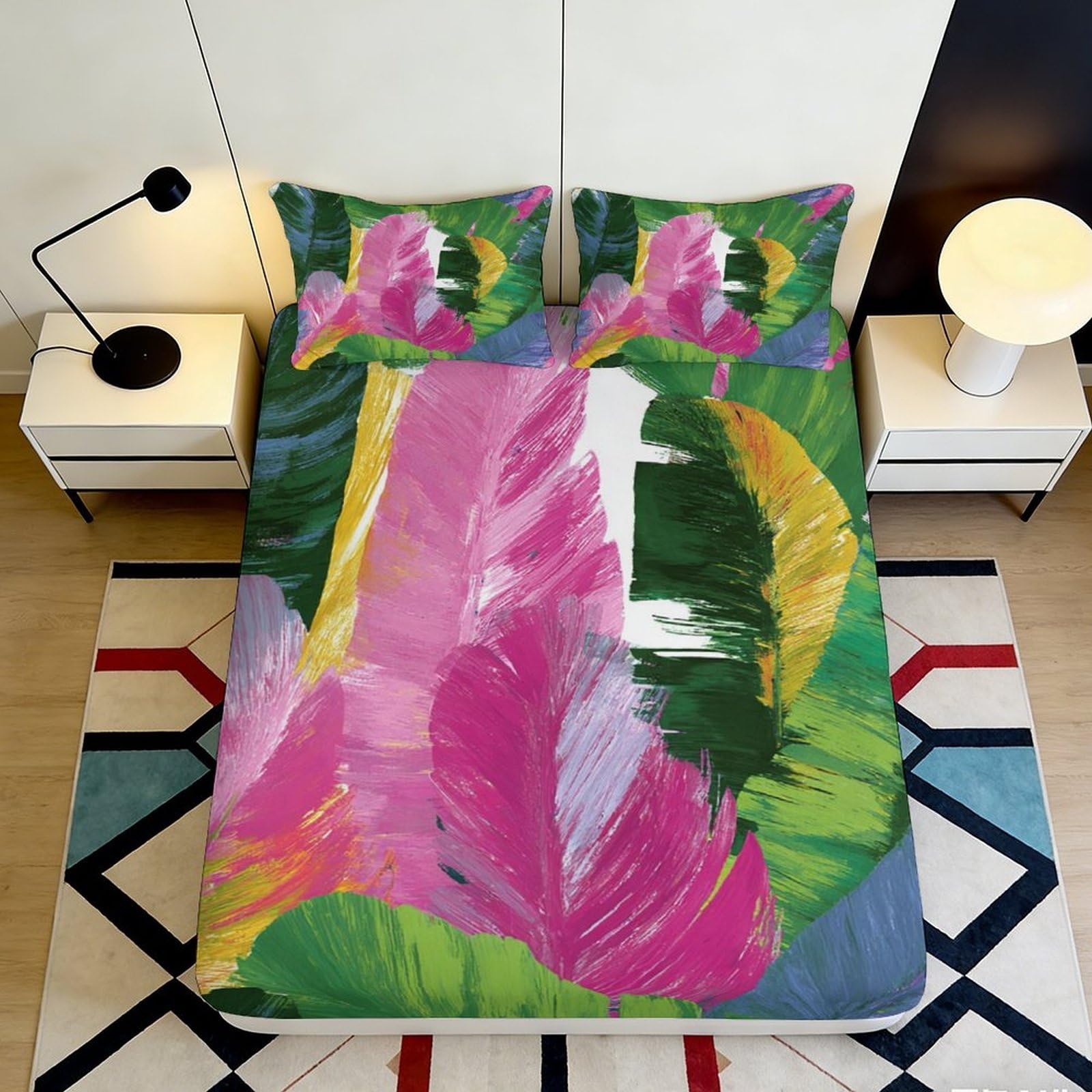 3D Printed Tropical Leaf Fitted Sheet Microfiber Soft Breathable Abstract Art Mattress Cover for Bedroom Guest Room Decor 90x200x25cm