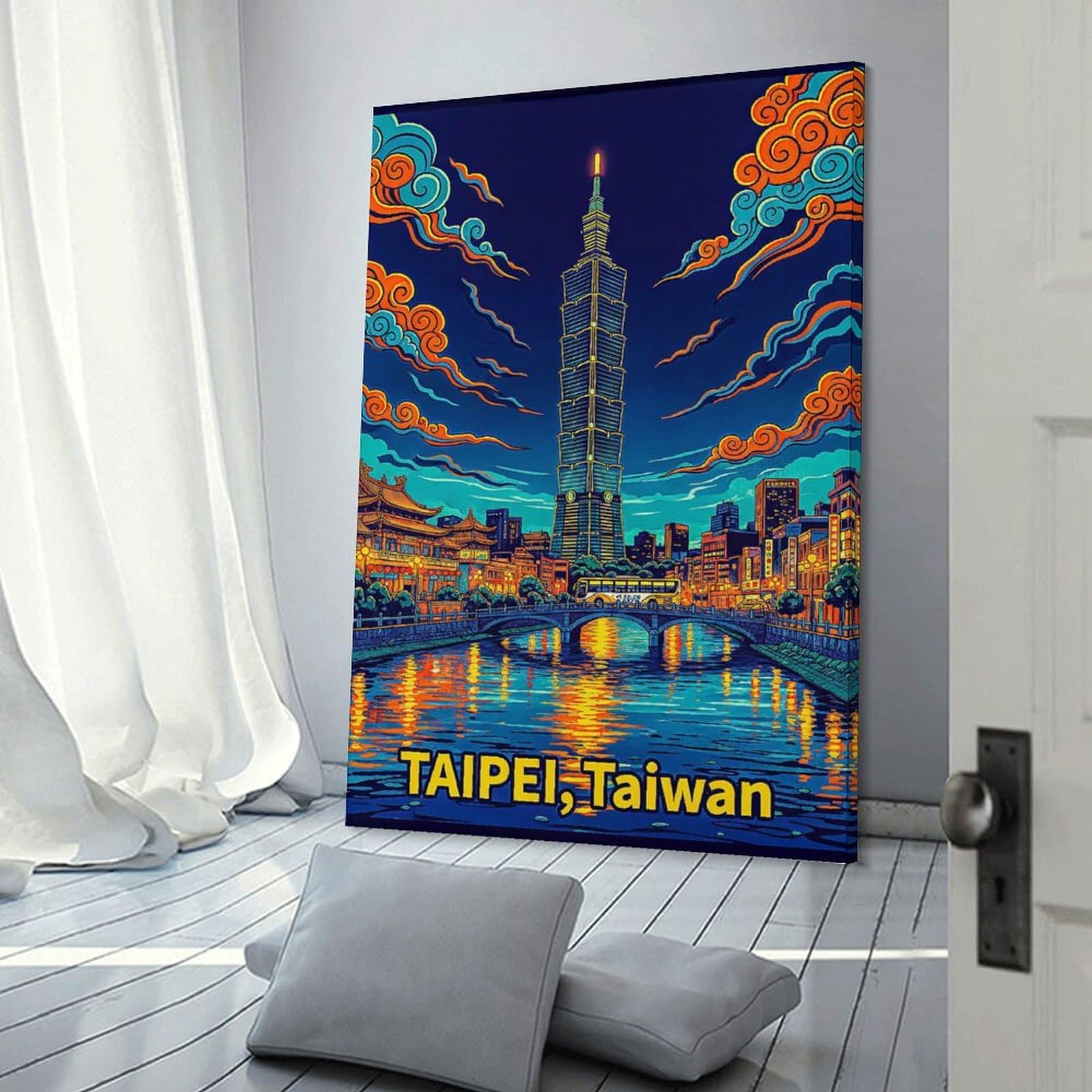 Junmoney Taipei Cityscape at Night Wall Art Print, 20x30inch(50x75cm), for Workspace Walls, Study Corners Or Bedrooms, A Smart Decor Choice for Study Walls