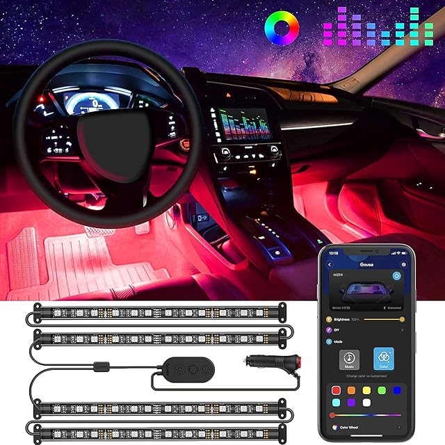 Govee Car LED Strip Light, Interior Car Lights 2-Line Design Waterproof 4pcs APP Control Lighting Kit, Under Dash RGB Car Lighting with Car Charger