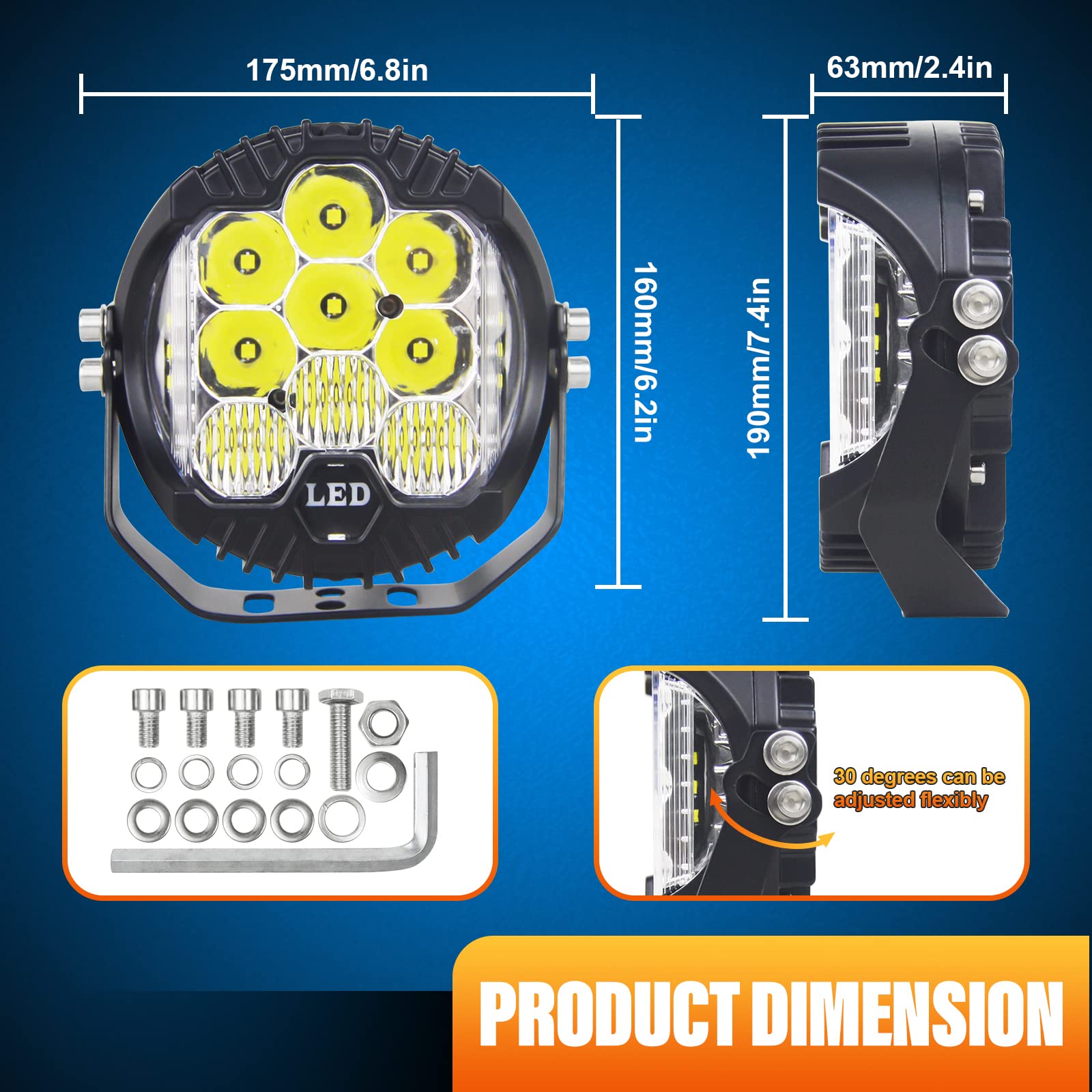 RIGIDON 1x faro da lavoro led con 12V cablaggio kit, 7 pollici 75W 7500lm | 6000K bianco, faretti fendinebbia, barra led fuoristrada, rotonde, per auto camion SUV ATV barca 4x4 offroad, impermeabile