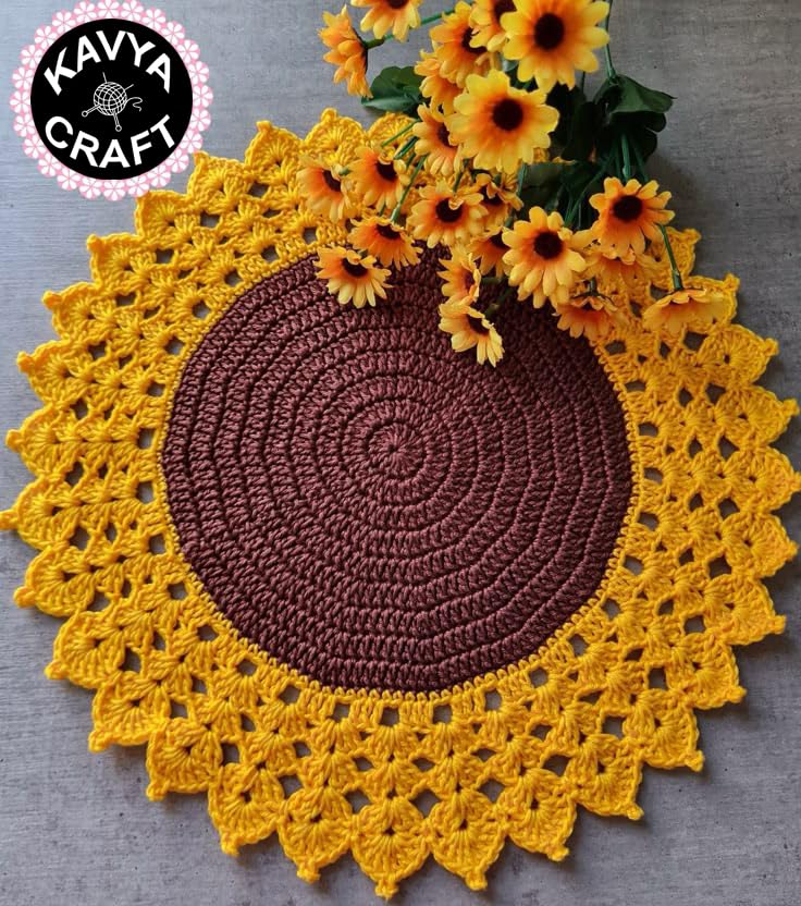 Image of Kavya Craft Present Woollen Handmade Crochet Table Mat /Thal posh (Sunflower, 16inch)
