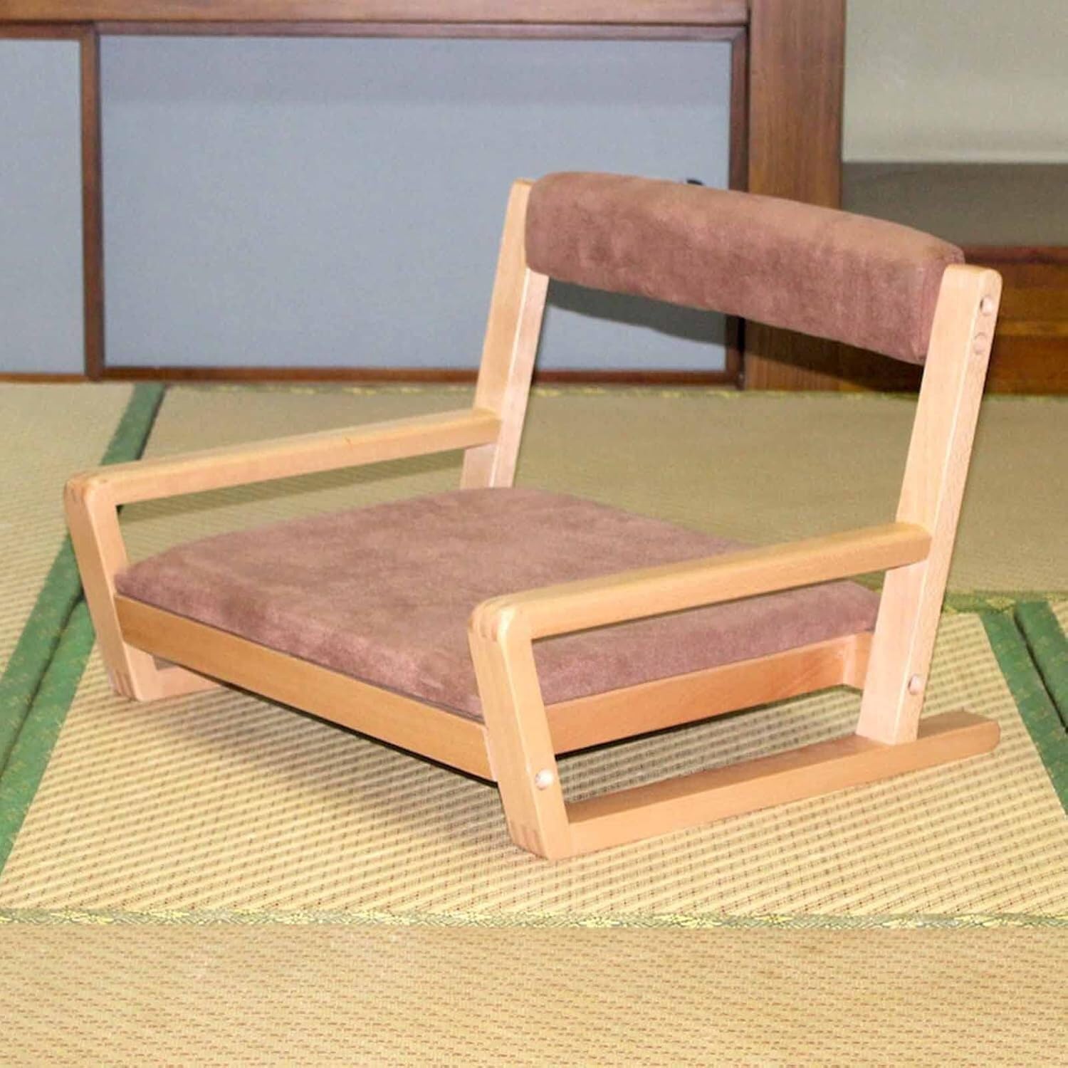 Chaise de sol en tatami bois avec dossier et accoudoirs curry