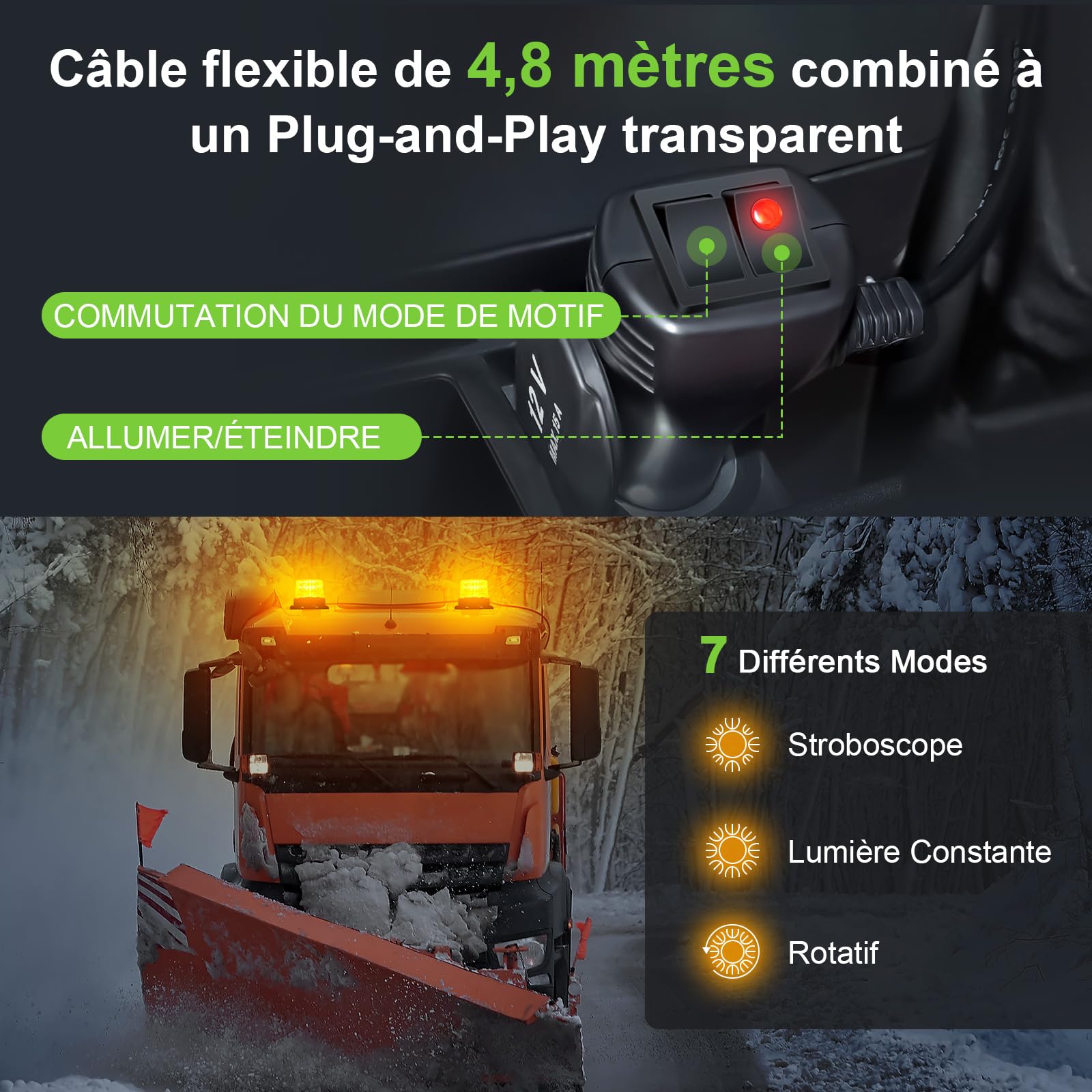 Gyrophare LED Magnétique Orange 12-24V pour Tracteur, Lot de 2 | IP67 Étanche, Câble 4,8 m Allume-Cigare, 7 Modes de Flash, pour Chantier et Camion