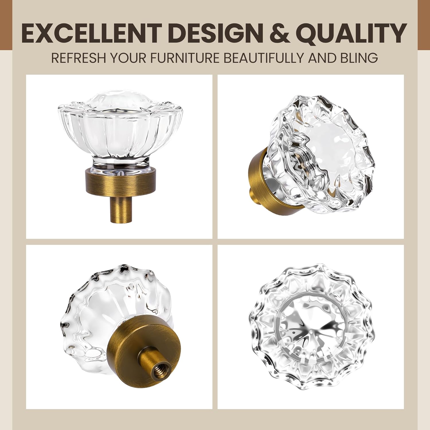 8 Pack Antique Brass Cabinet knobs, Glass Cabinet Knobs and Pulls, Vintage Crystal Knobs for Dresser Drawer Cupboard