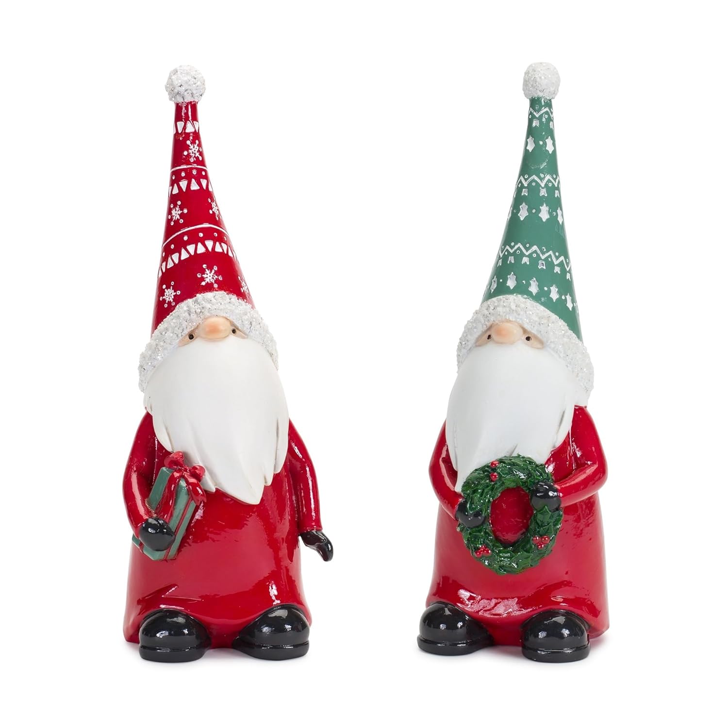 Melrose Set of 2 Gnomes Holding Gift and Wreath Christmas Figurine 9″