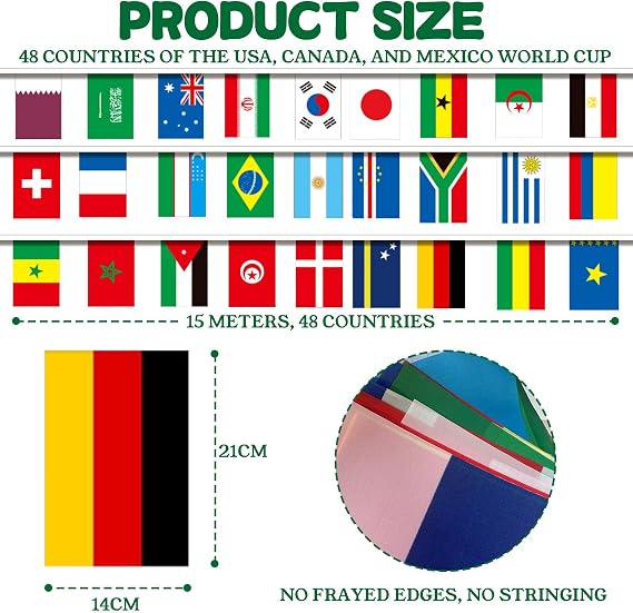 49ft/15m World Cup 2026 Bunting 48 Countries for World Cup Party Decorations,48 Teams Flags International Flag Bunting Banner for 2026 Fifa World Cup Football Indoor Outdoor Bar Garden Street Decor