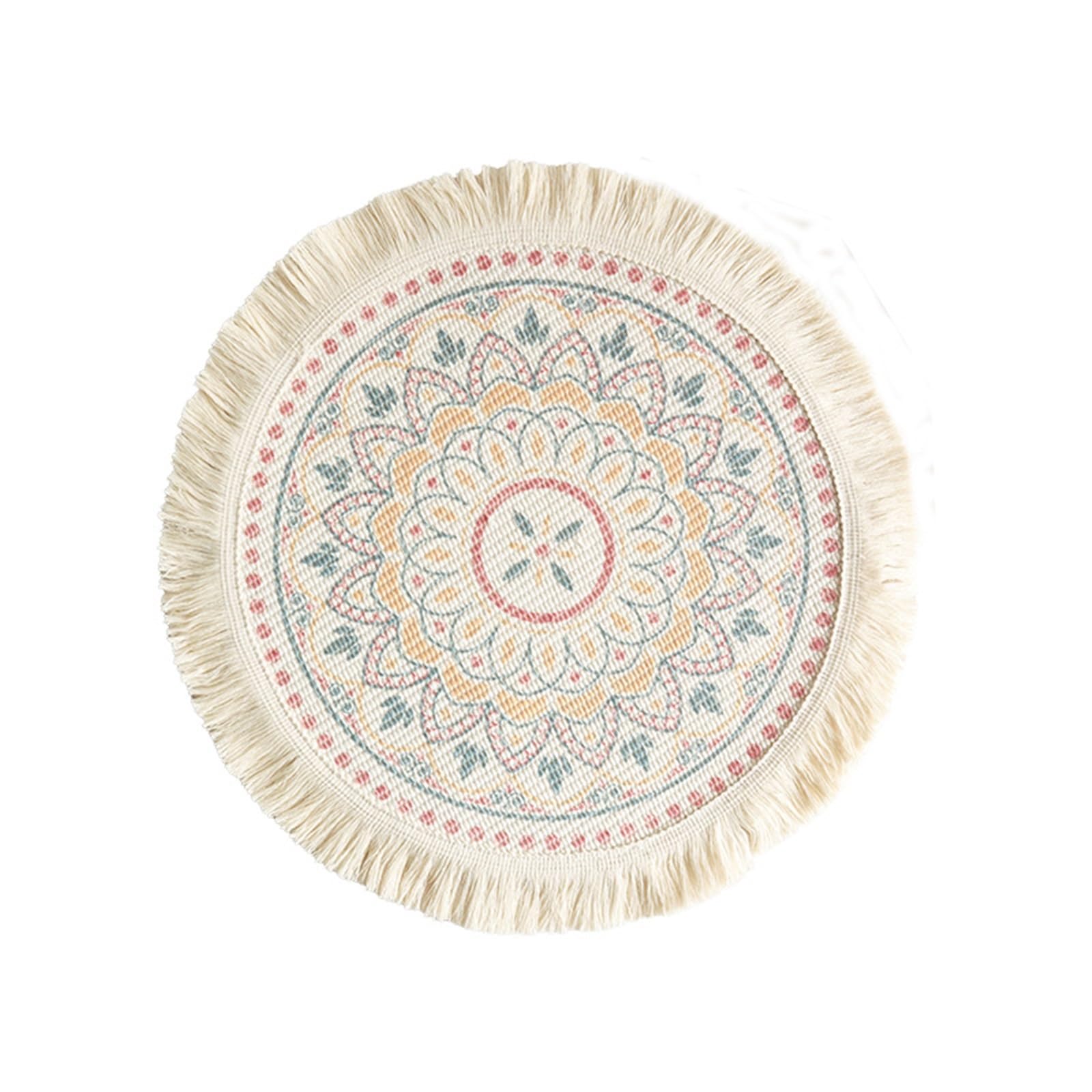 2Pcs Boho Circular Woven Placemats with Tassels - Insulated Decor Mats for Farmhouse Decor(Color3)
