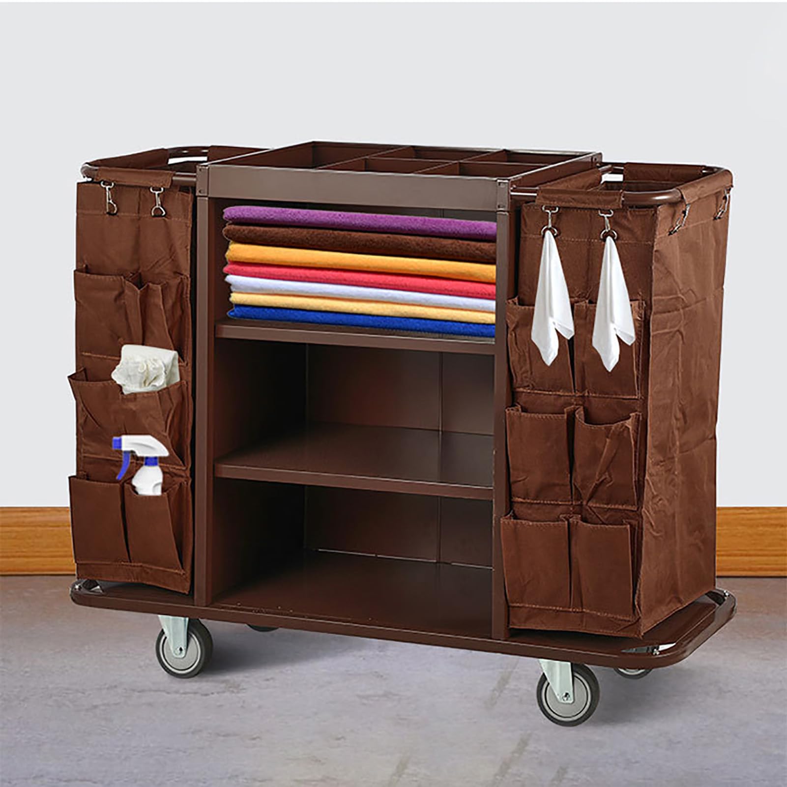 Carrello per Pulizie Commerciali su Ruote, Carrello Tradizionale per Pulizie, Carrello per custodi, carrelli per Pulizie a 3 Ripiani per Hotel, Negozi, scuole e aziende, Marrone.